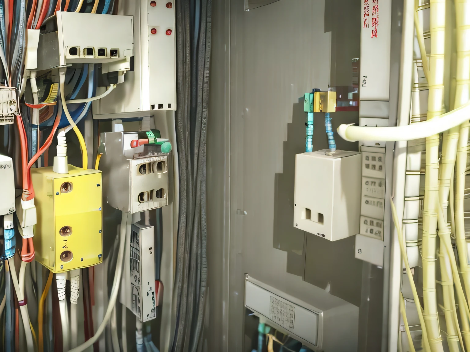 a close up of a bunch of wires and wires in a box, wires in background, wires connected, loose wires, connected trough wired, wires and cables coming out, exposed wires, electrical wires, many wires attached to her, thick wires, with cables and wires coming out, cables connected to head, cable plugged in, exposed wiring and gears, lots of wires