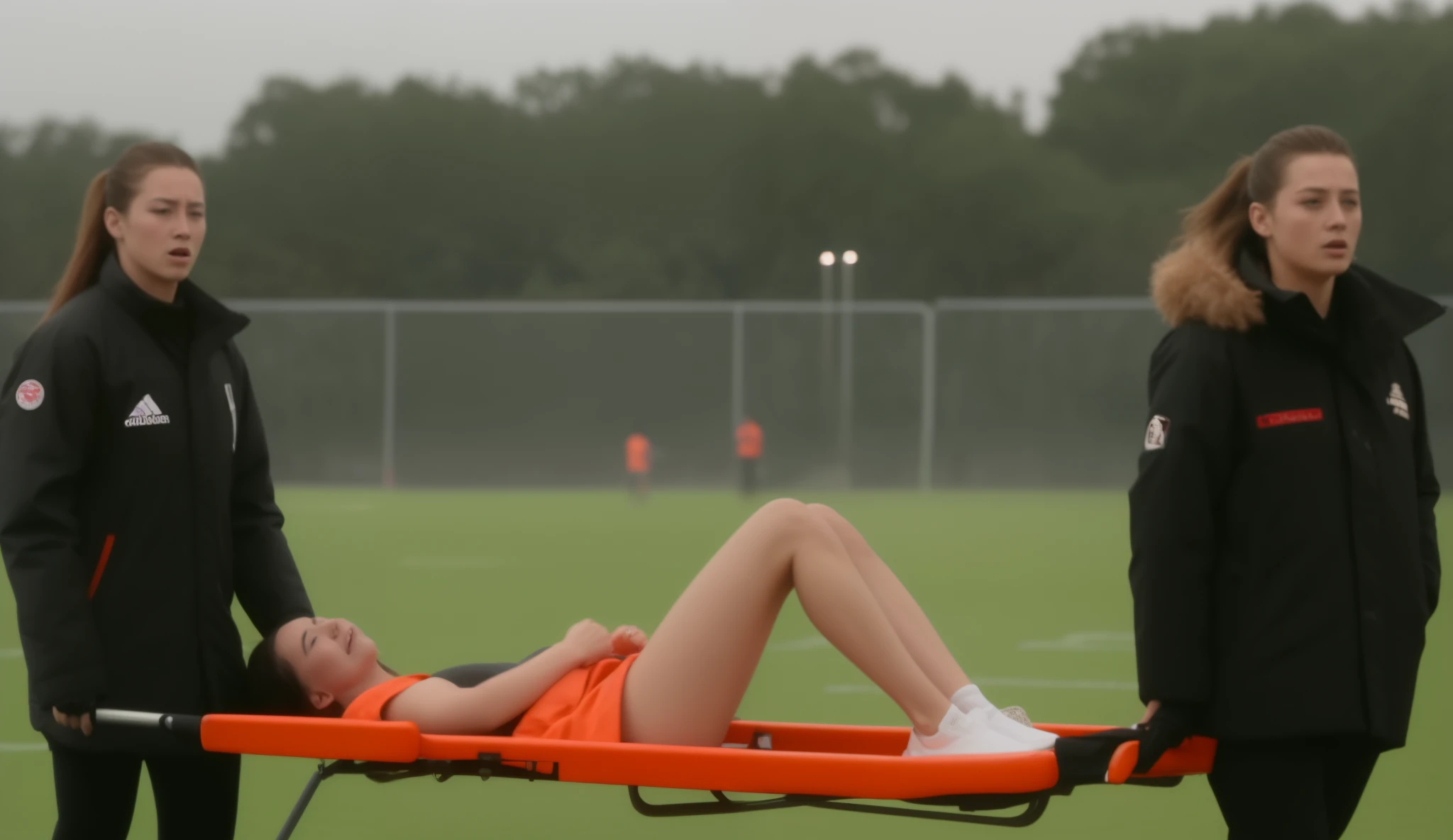 There is a man lying on his back on a stretcher with his hands grabbing his hurting leg, a man in a t-shirt and sports shorts has put his hands on his injured leg, the man has an agonised face looking to the sky, two horny looking longhaired and ponytailed women that are wearing very shiny coats, there are longhaired women with horny faces wearing laquered puffy coats, longhaired women are walking in wetlook puffy coats, several women walking around a football field with an injured athlete on a stretcher, the injured athlete on the stretcher is grabbing his injured leg with both hands, the women look very worried, behind the women there is a frightening atmosphere, there is heavy rainfall in the background, video still, behind the scenes, pity, china, erotic, horny, drama