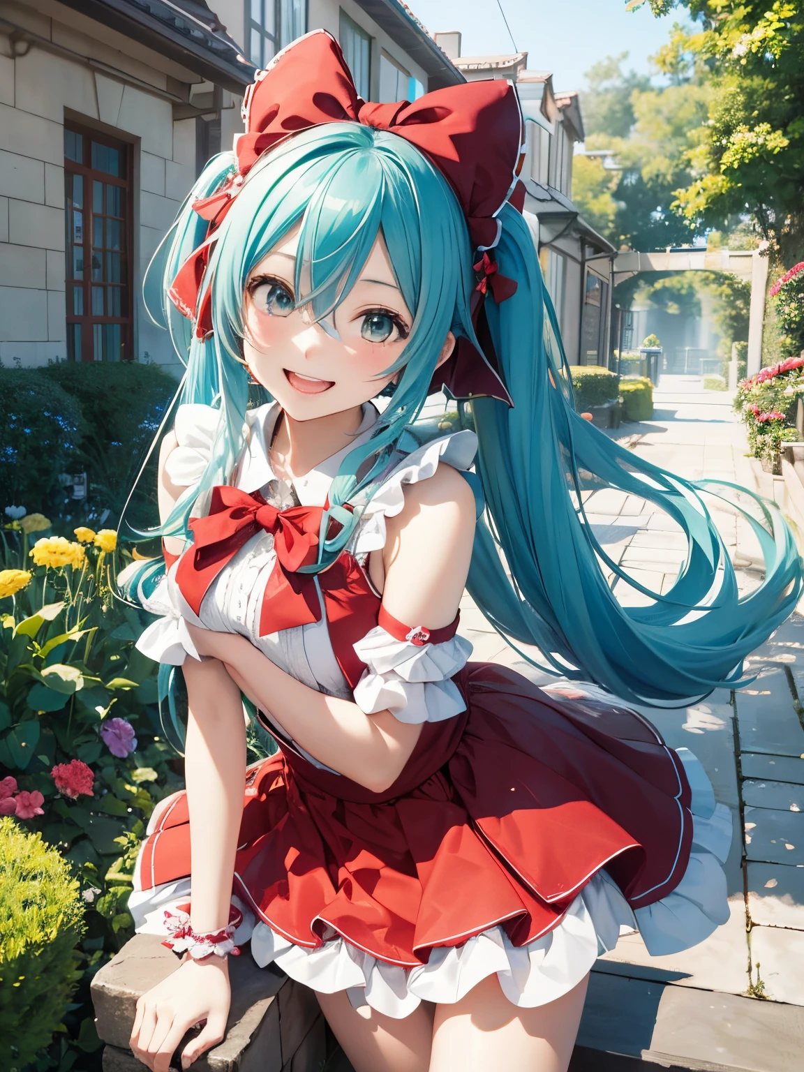miku hatsune,10yaers old,red riding hood,Play party,A big smile,Flower garden