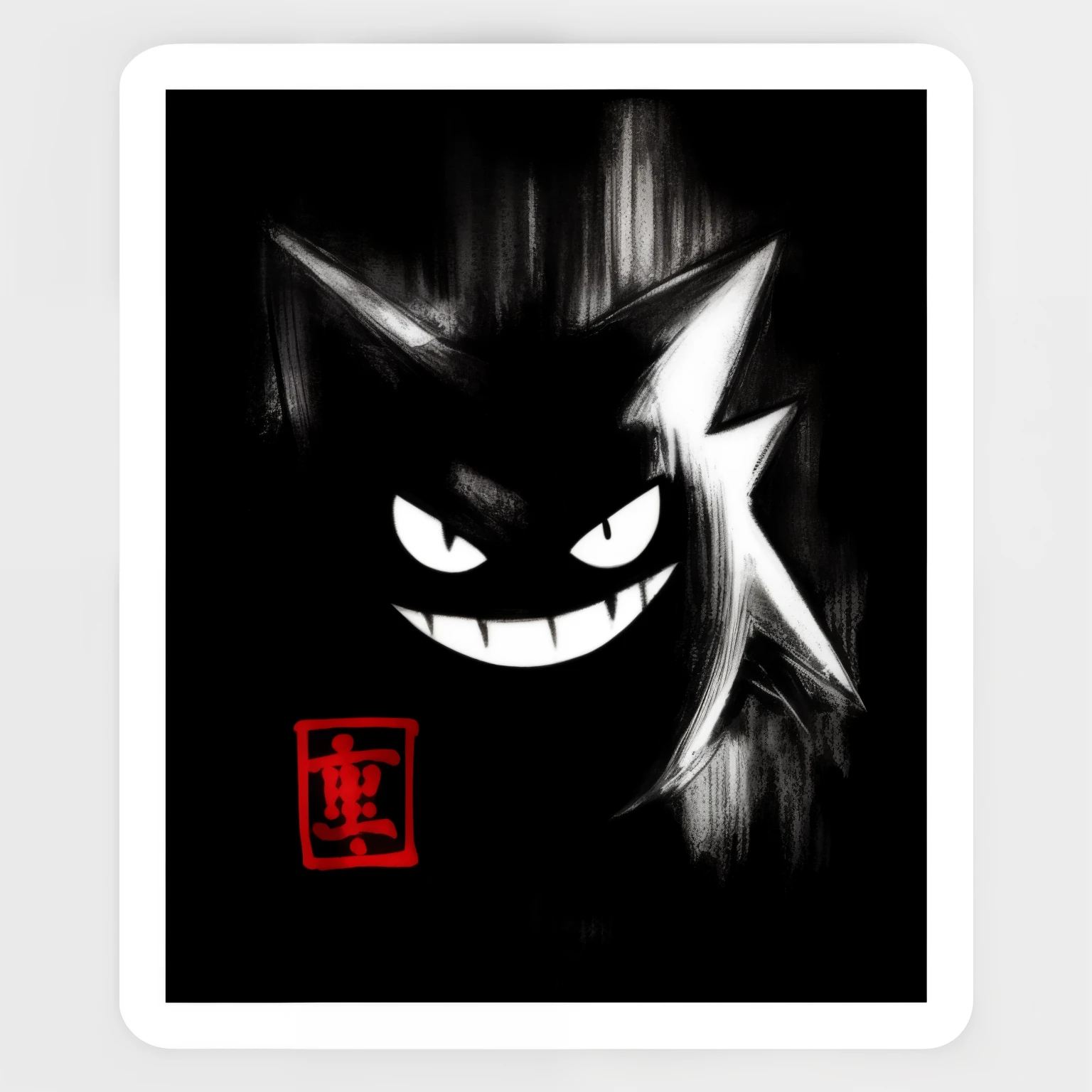 a black and white drawing of a cat with a red and white Japanese character, Gengar, sorriso maldoso, demon cat, Evil expression, zorua pokemon, largo sorriso maligno, O Deus das Trevas dos Gatos, grande sorriso maligno, sorriso maligno e olhos brilhantes, arte abstrata de anime, estilo de tinta sumi, sorrindo sinistramente, estilo de arte escuro