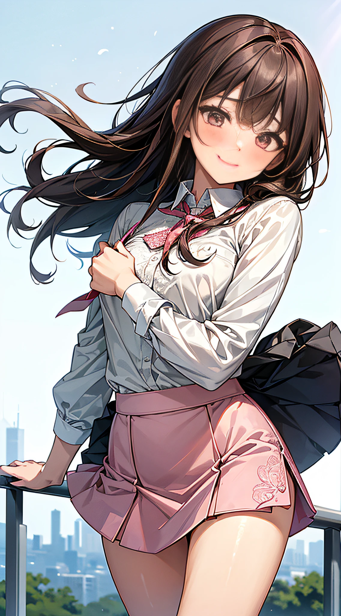quality、超高分辨率、1人の女性,dark brown hair,with long coiled hair、a 20 yo woman、medium)、(Look down a little),Beautiful CUHK、white shirt,Mini flared skirt,Good style、(Cute expression and shy smile)、((with her mouth open))、((blushed cheeks、embarrassing expression)),(((The skirt was rolled up by the wind)))、(Hold the skirt with both hands)、((you can see them all))、((you can see them all))、((pink lace))
