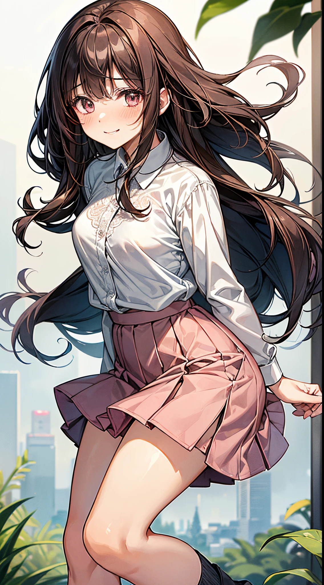 quality、超高分辨率、1人の女性,dark brown hair,with long coiled hair、a 20 yo woman、middling)、(Look down a little),Beautiful CUHK、white shirt,Mini flared skirt,Good style、(Cute expression and shy smile)、((with her mouth open))、((blushed cheeks、embarrassing expression)),(((The skirt was rolled up by the wind)))、(Hold the skirt with both hands)、((you can see them all))、((you can see them all))、((pink lace))