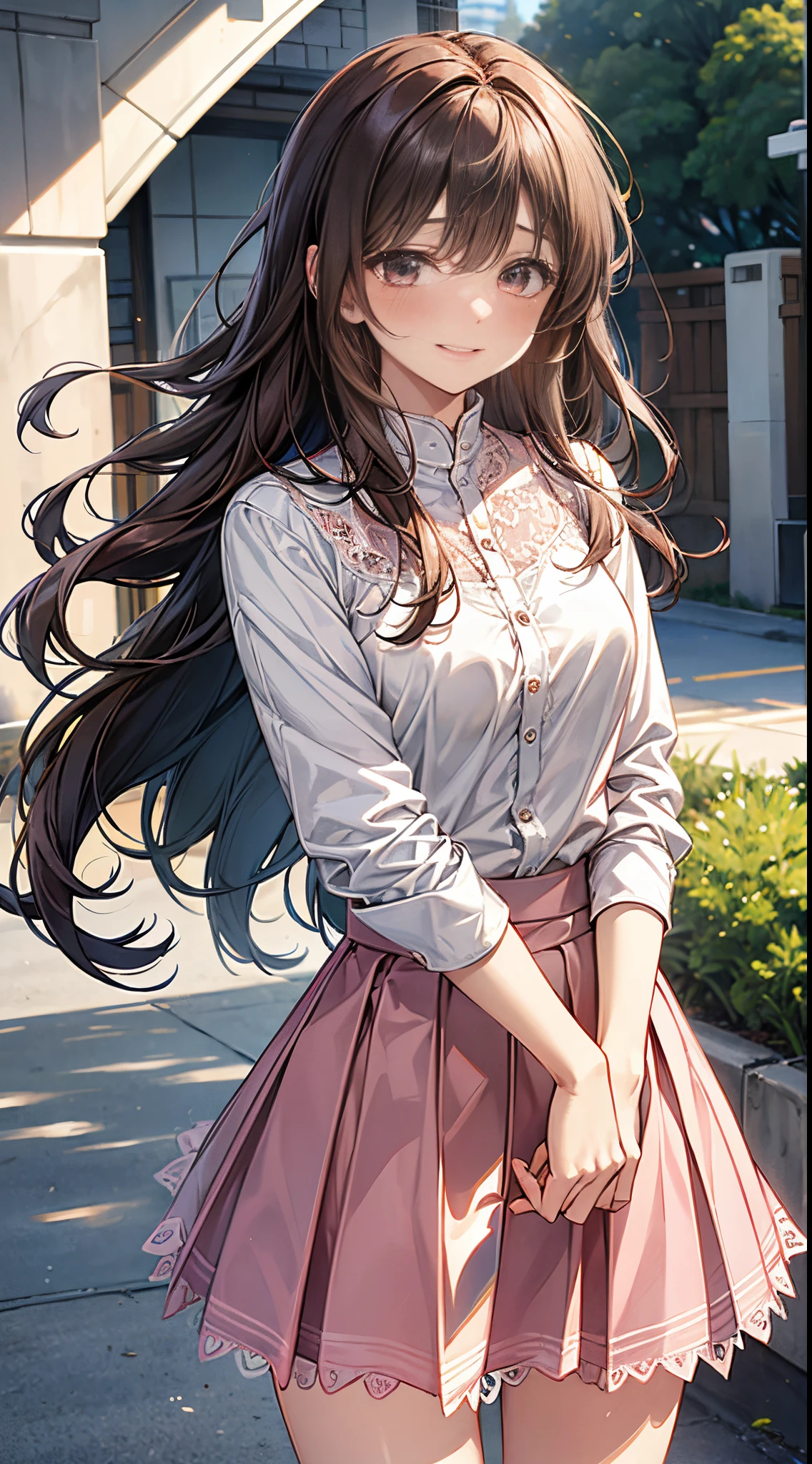 young woman、smile、((Brown hair、Semi-long hair))、Blushing、Grin、((Pink lip gloss))、masterpiece、High resolution、16k、Long Sleeve 、Skirt flipped up、(Very close:1.5)、Standing on the stairs、(Angle from below)