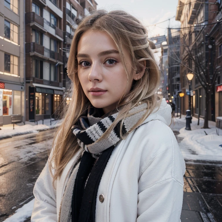 Masterpiece, best quality, (very detailed CG unity 8k wallpaperest quality), (best illustrationest shadows), 25 years old girl, blonde hair, face perfect, winter clothes, scarf (red), sweater (white)、winter jacket (black)、winter background、In the street、Film Lighting、Dramatic light, photo from side