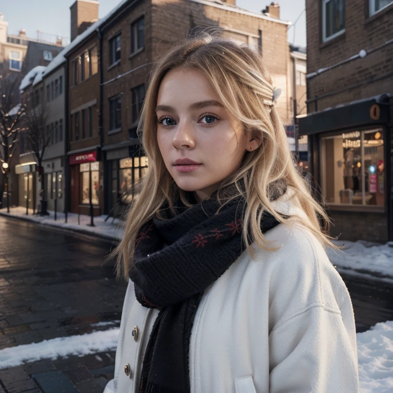 Masterpiece, best quality, (very detailed CG unity 8k wallpaperest quality), (best illustrationest shadows), 25 years old girl, blonde hair, face perfect, winter clothes, scarf (red), sweater (white)、winter jacket (black)、winter background、In the street、Film Lighting、Dramatic light, photo from side
