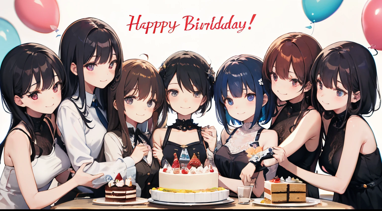 5girl, birthday party, orgy, all , sex, lesbians, black hair, birthday hats, latinas, sexy poses, cake, Chao's, kissing lips, birthday background, far away, blond hair, birthday cake, photo next each other, table with cake, birthday theme, all smiling,feeding cake, smiles