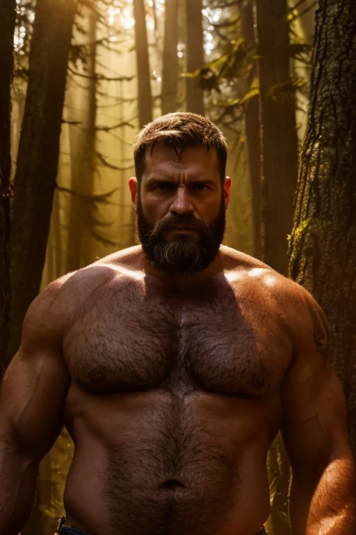 (realistic, high-res),male,brown hair,50 years old,beard, hairy, lumberjacks, pumped chest, oil painting, intense expression, dark background, dramatic lighting, vivid colors, masculine features, realistic hands, open eyes, realistic eyes, forest, nature, sunlight filtering through the trees, shadows, dynamic composition, raw and gritty, authenticity, rugged beauty, atmospheric, textured, compelling, captivating, evocative, cinematic, intense energy, golden hour lighting, sun-kissed, expressive, immersive, larger than life, powerful presence.