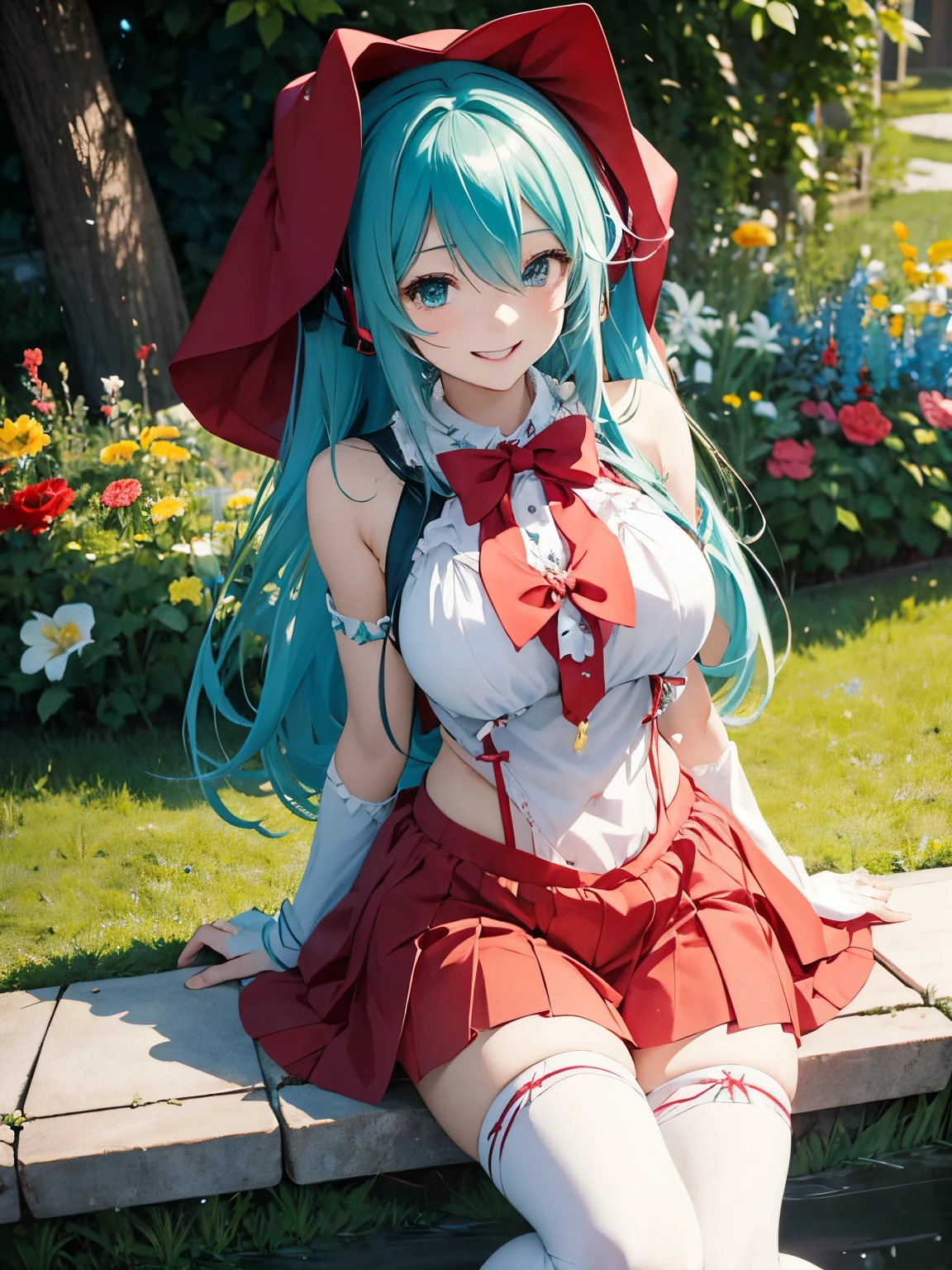 miku hatsune,10yaers old,red riding hood,Play party,A big smile,Flower garden,Beautiful breasts