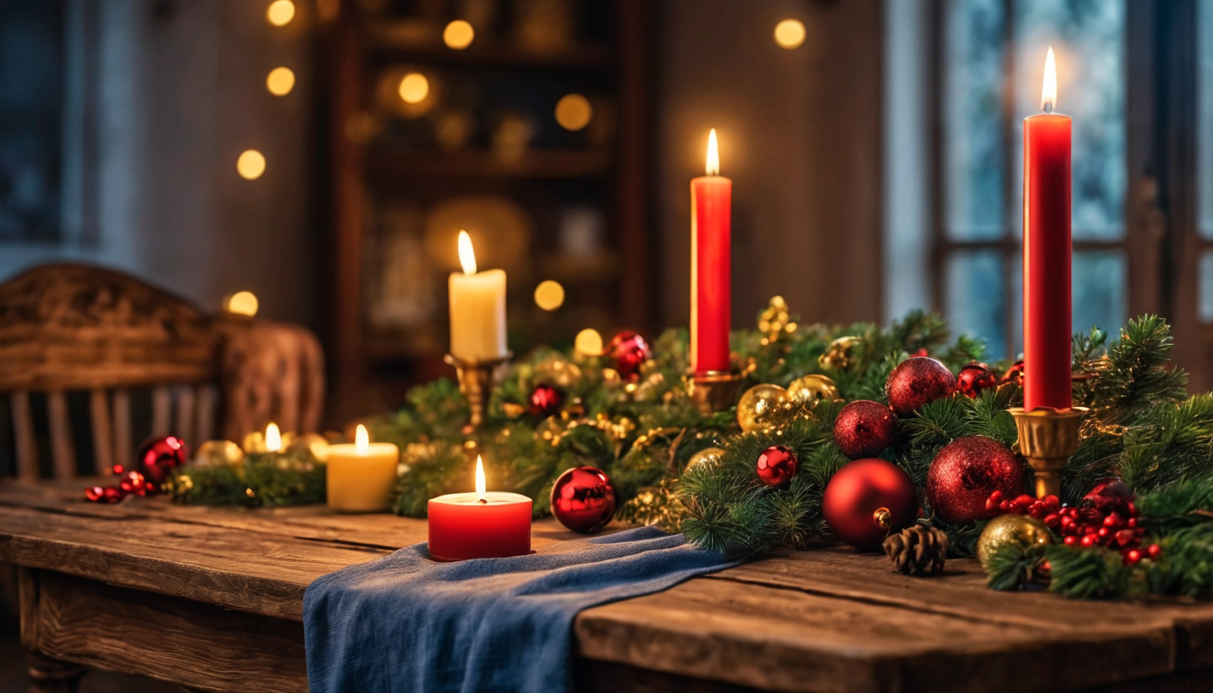 Breathtaking cinematic photo of a real Hyperrealistic christmas still life on an antique wooden table covered with Christmas tablecloth, mistletoe and pine branches decorated with golden christmas tree decorations, red colored candles in golden candlesticks, candle lights, in the background multicolor led lights (red, blue, green, yellow), extremely high-resolution details, photorealism, realistic lifelike textures, masterpiece, best quality, sharp focus, photorealism, photorealistic, 8k, volumetric light, (intricate details), hdr, high detailed, high quality, soft cinematic light, dramatic atmosphere, atmospheric perspective, ultra realistic, neutral colors, cinematic lighting, wide angle, film grain, dslr, raw photo,