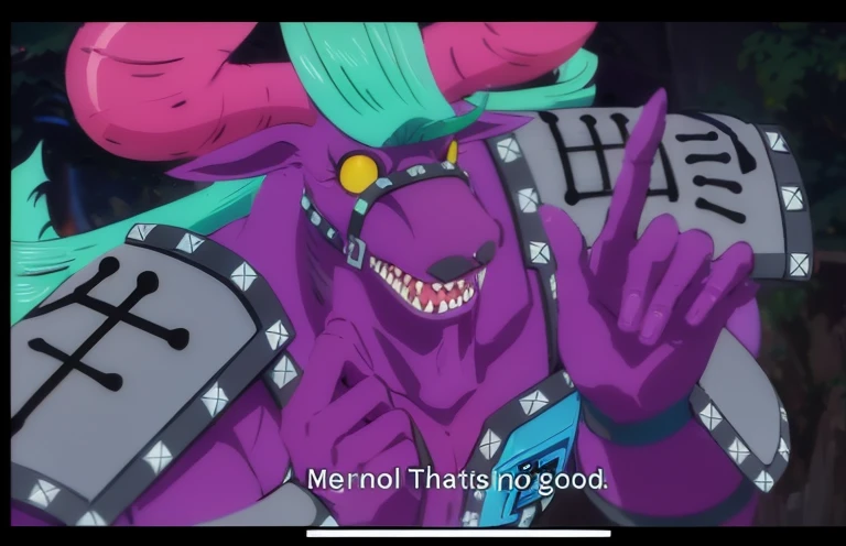 Close up of green hair cartoon character with purple hat, from one piece, however、As an anthropomorphic dragon, style of ssss.gridman (2018), colorful muscular eldritch, Badass Dragon, in an anime, He is very menacing and evil, as a badass monster hunter