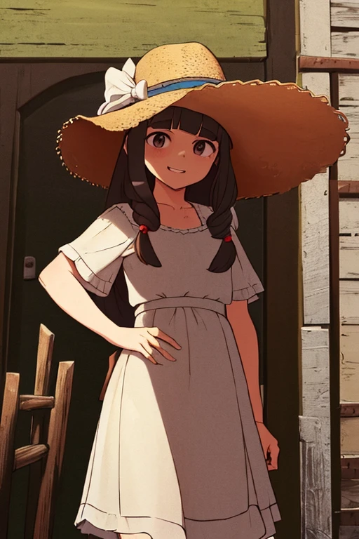 ((Obra maestra,La mejor calidad)), absurdos, HMDMG1, Sombrero de mago, sonrojarse, Pegatinas de rubor, escote, hombros desnudos, vestido, fuera del hombro, solamente, sonriente, Mirando al espectador, Disparo de vaquero, film-like composition, opuesto