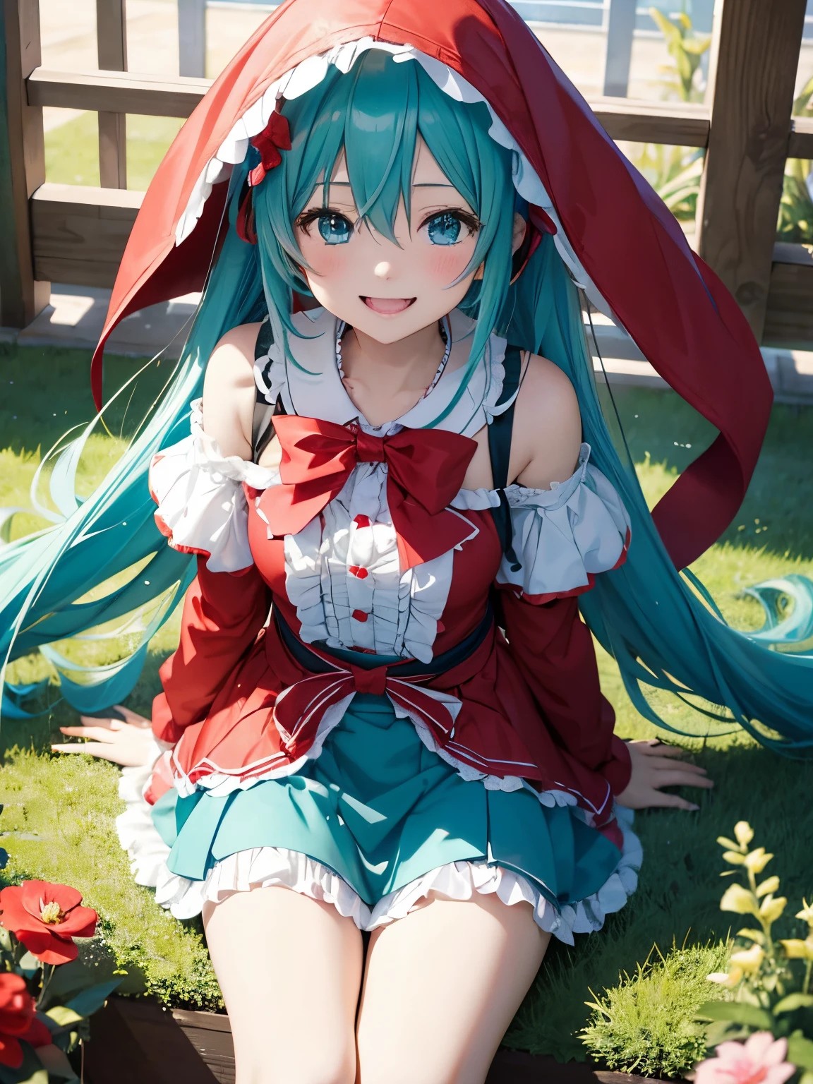 miku hatsune,6years old,red riding hood,Play party,A big smile,Flower garden,faint bulge