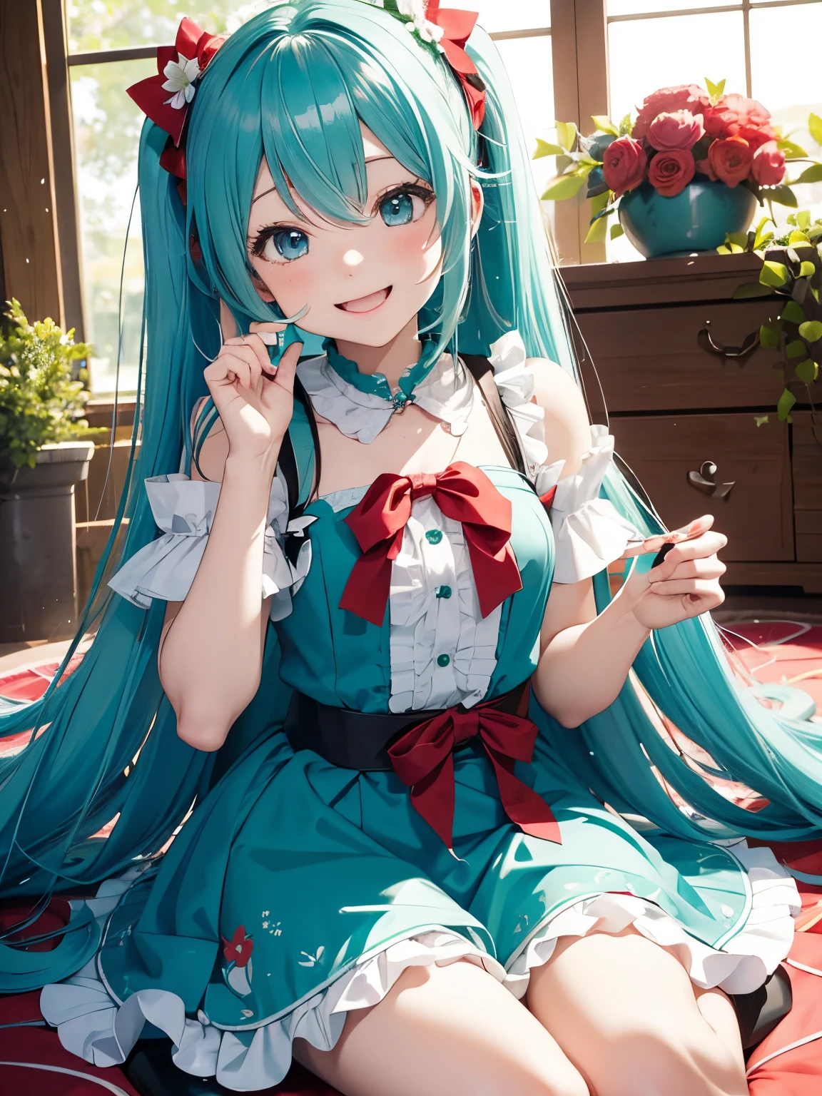 miku hatsune,6 old,red riding hood,Play party,A big smile,Flower garden,faint bulge