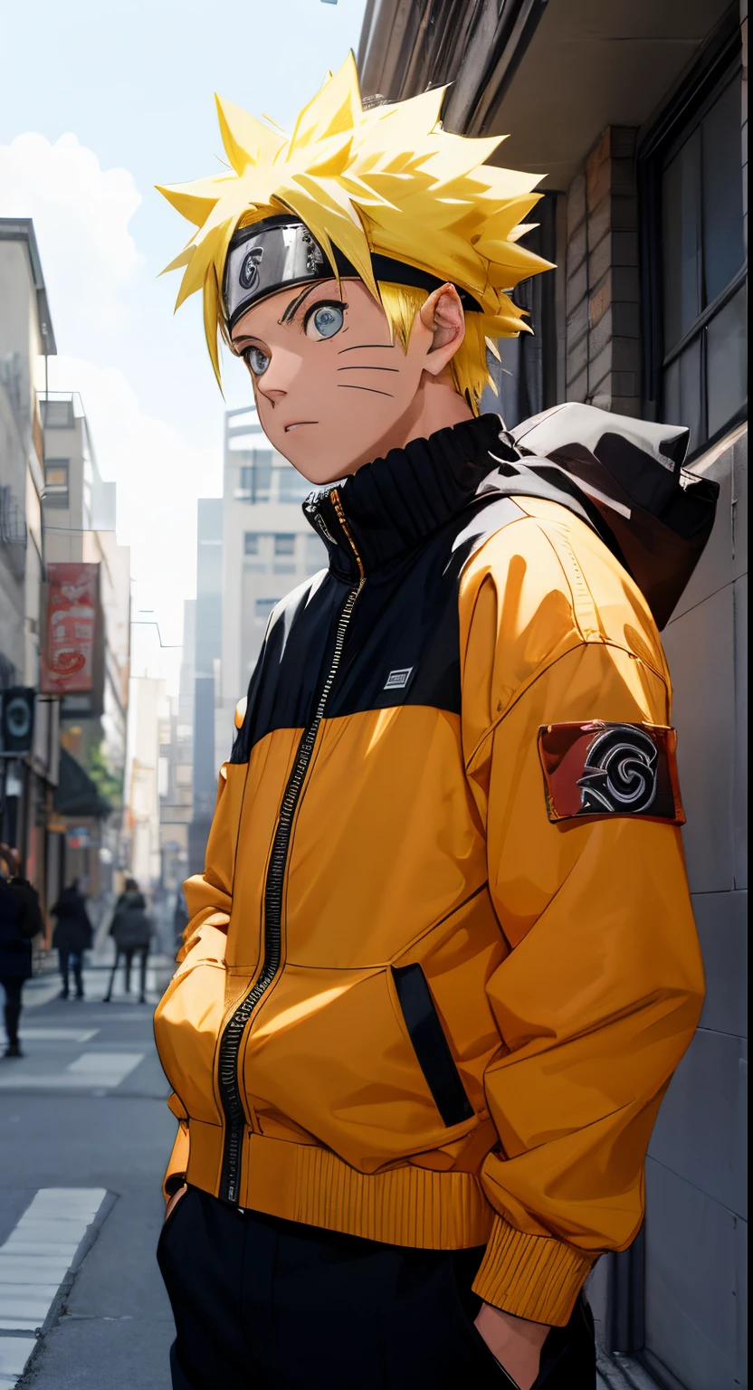 master part, Estilo soberbo, chothes streewear, ao ar livre, Meio Corpo, uzumaki naruto, olhos azuis, Cabelos Amarelos Curtos,um menino