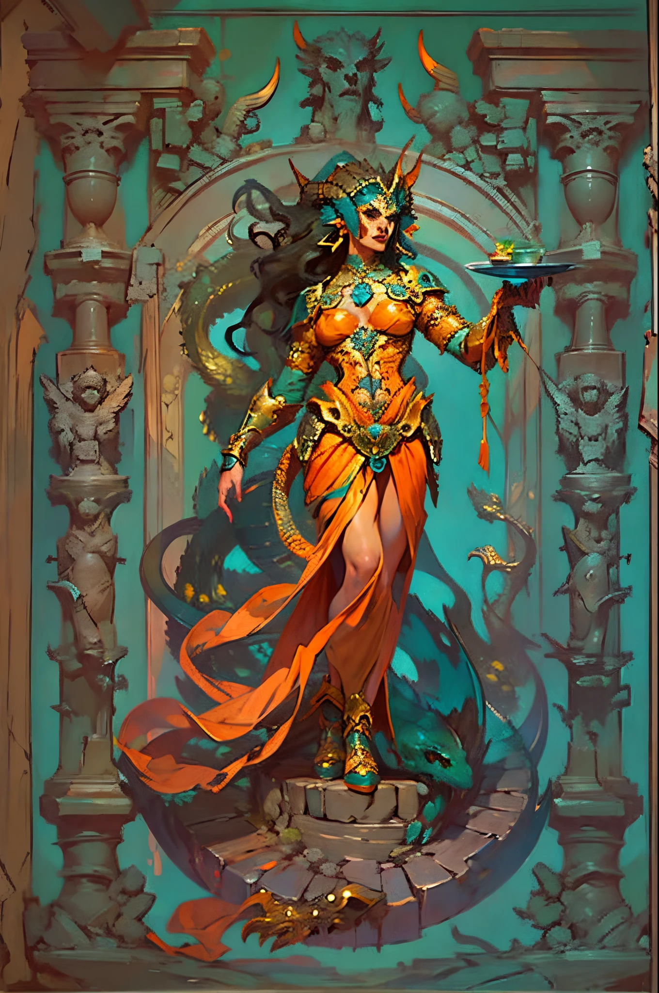 's, gothic art, lightand shade contrast, Standing painting, estimate, holland angle, emphasis lines, tmasterpiece, acurate, Anatomically correct, A high resolution, Best quality at best, super detailing, Award-Awarded，D14bl0 style medusa，, (4 arms), greek myth, Lamia，, Epic war fantasy digital art，(greg rutkovsky:0.8), (cyan and orange:0.4），People drawing, Standing painting