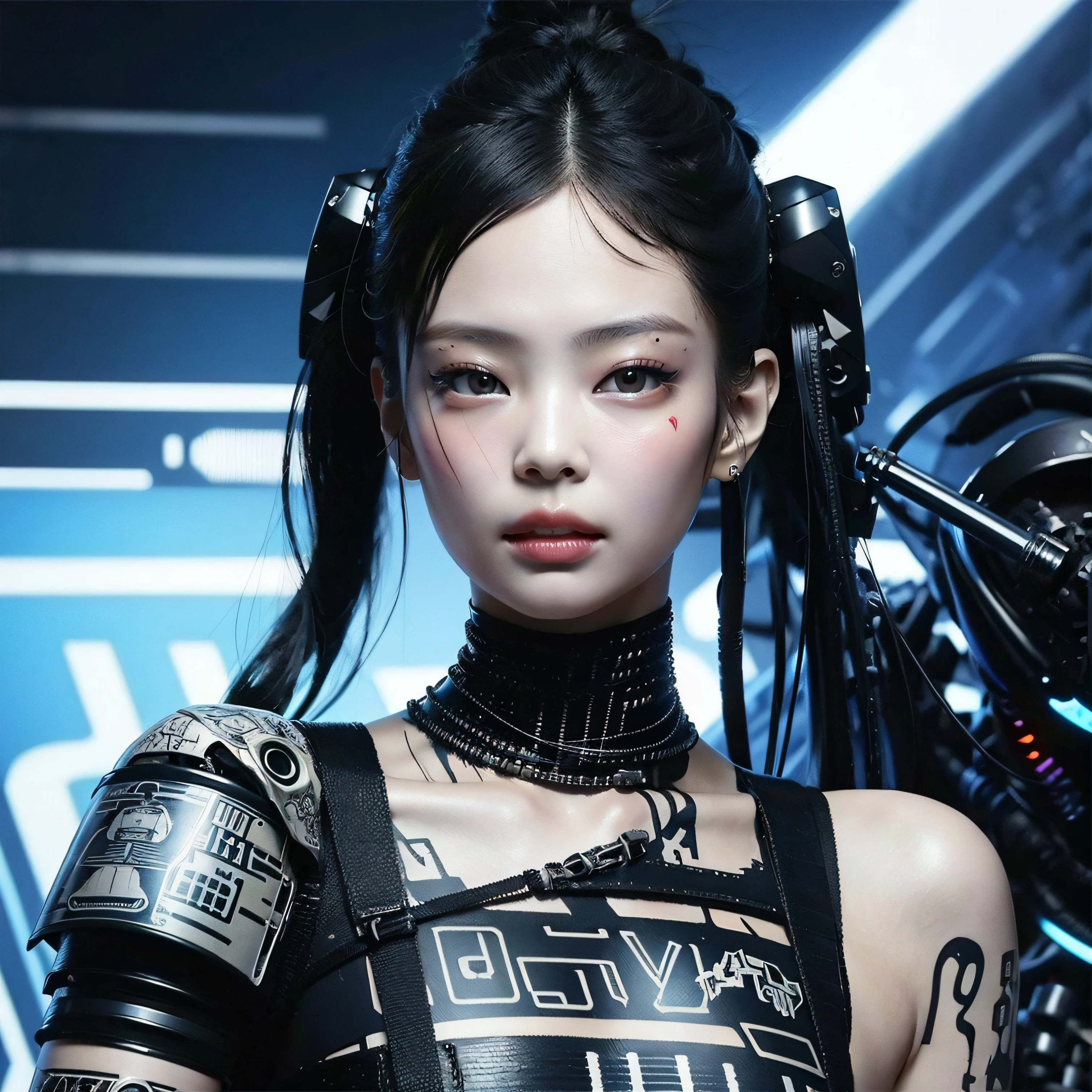 Cyberpunk, damged, robot, dead robot, wires, lose a part of her face in war, wires came out in the lose part of face, trashed, cyberpunk damged, trashed in a big garbge, black hair, tattoo on a part of her face, cyber tattoo, numbers,  tattoo on her sholder and neck. Japanis face girl, robot clothes with wires, painting style, vanvas texture, brush strokes, jennie kim,