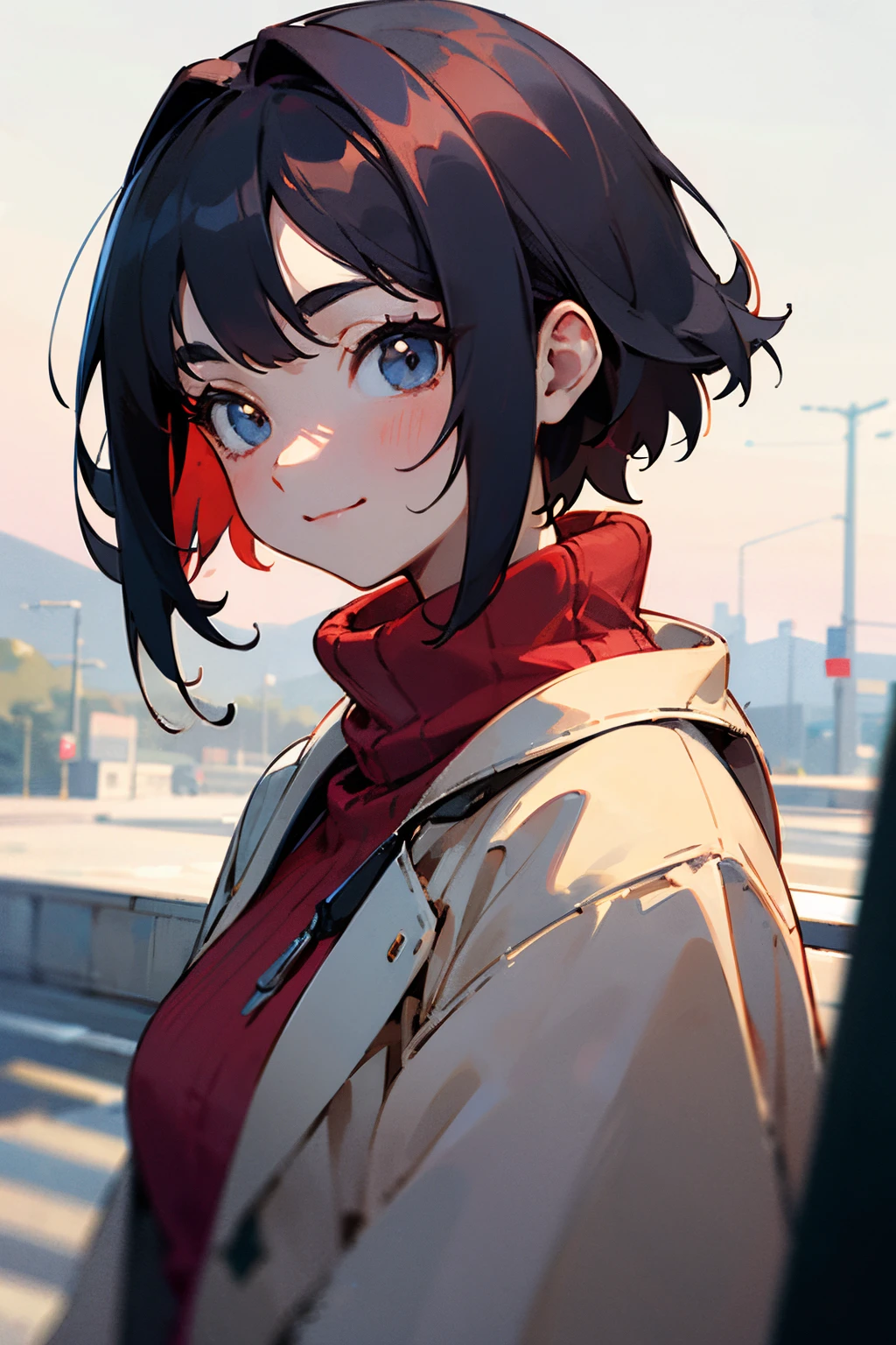 A super beautiful girl,Have on the street,close-up shooting,Beautiful scenery,Background bokeh。She wears a red sweater,Just shoot the upper body,Emoji smile,largeeyes,It's beautiful。Very gentle,Short hair,Photo of the front,