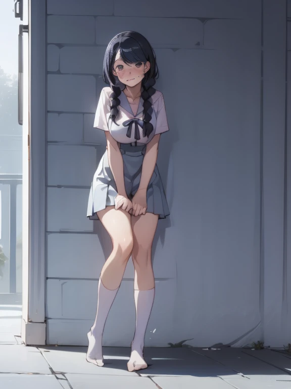 Stema Peace、 (nose blush, Naughty, half opened eye, ), [Full body shot]、Full body shot,body piercings,Large open legs、Head-to-toe shots、hanekawa tsubasa、her black hair is tied into two braids、eye glass、Colossal tits、Wearing white socks、