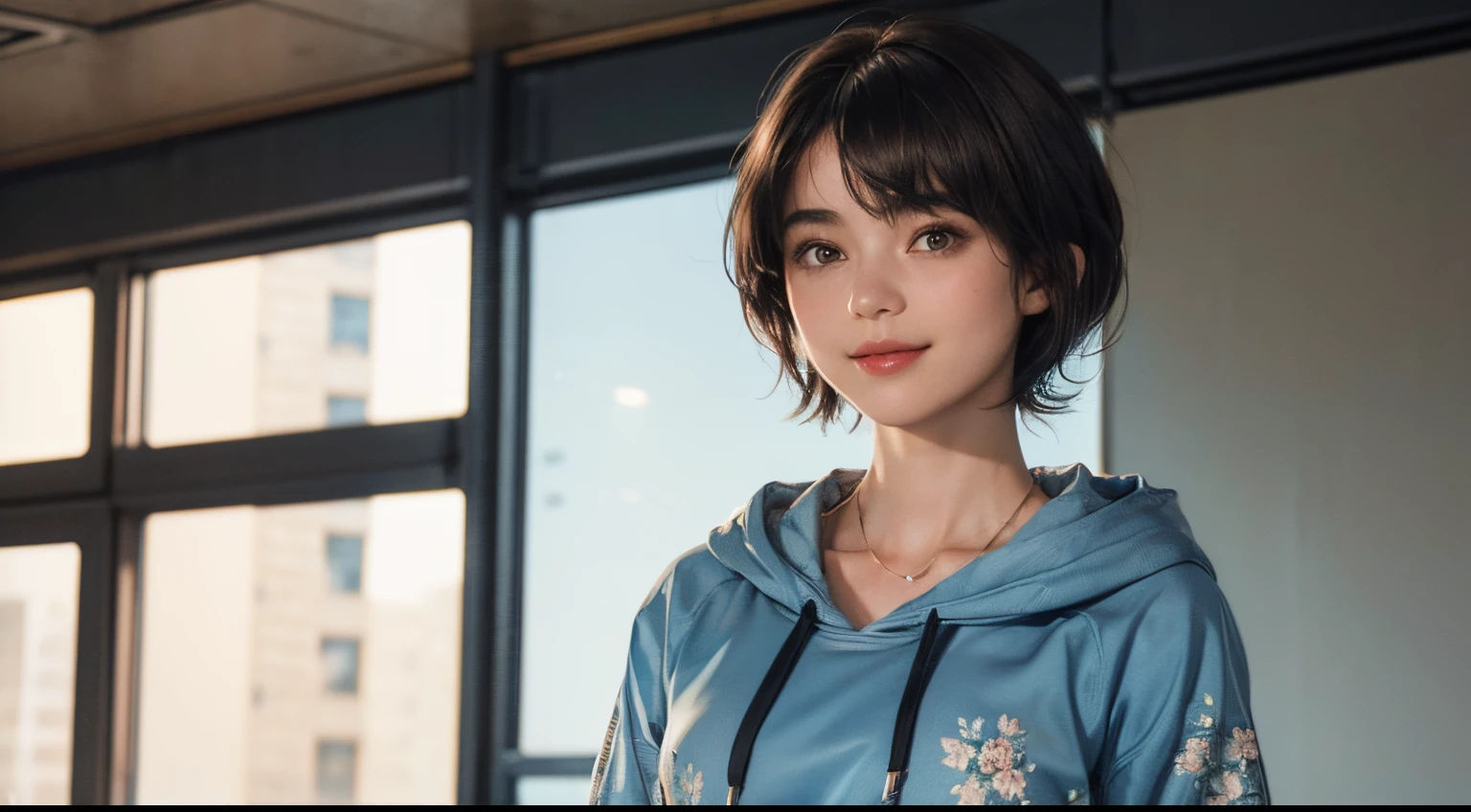 133
(a 20 yo woman,Wearing sportswear), (A hyper-realistic), (high-level image quality), ((beautiful hairstyle 46)), ((short-hair:1.46)), (Gentle smile), (breasted:1.46), (lipsticks), (darkened room), (florals), (wearing hoodies)