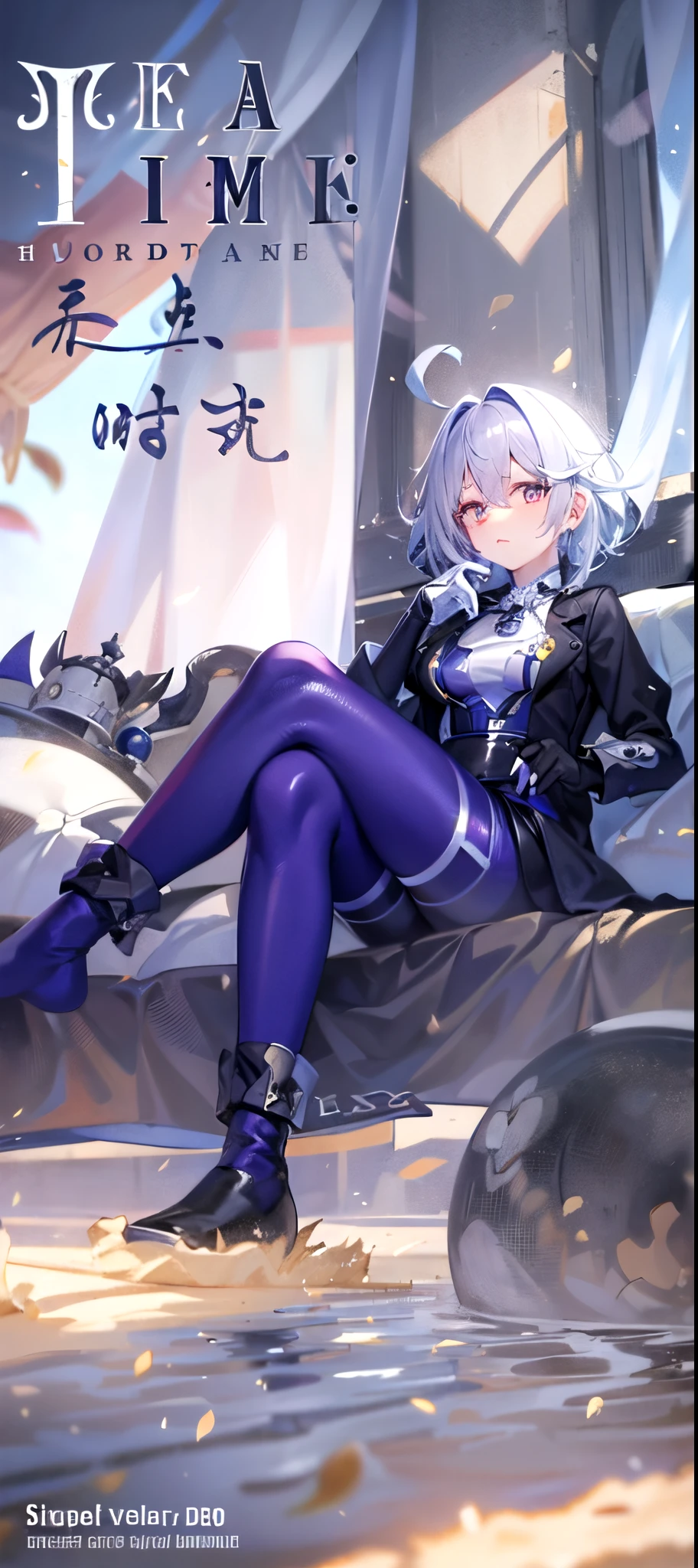 16k,The beautiful, On a table, Best quality at best, The facial details are particularly rich, perfect litthing,1 girl in、tightsuit, skin tight, latex,White jumpsuit,White jumpsuit, shinning clothes, Shiny, Cover the navel, steams,tmasterpiece, Best quality, 1 Sister, Forina, genshin impact, White hair, Blue hair, White latex coat, abandoned city lock,hair covering one eye,((Gradient hair)), A thin body,Wearing long white gloves:1.a purple eye:1 white hair, Blue hair:1.3, Ultra-detailed eyes