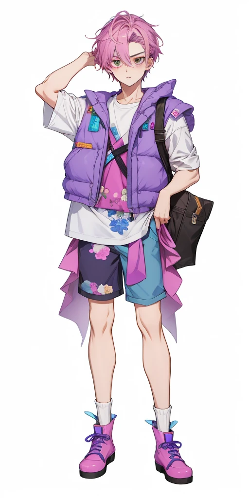 Cartoon image of a person with purple hair and wearing a purple vest, !!Full body portrait!!, anime vtuber full body model, live2d virtual youtuber model, Style Anime, High quality anime art style, single character full body, anime full body illustration, highly detailed full body, full body portrait of a short!,  Anime boy wearing a white shirt and black pants,put down hands,(absurderes、hight resolution、ultra-detailliert、nffsw)、​masterpiece、top-quality、1boy、独奏、a handsome、dark brown  hair、finely eye and detailed face、brow、(white short pants)、espadrilles、ear piecing、