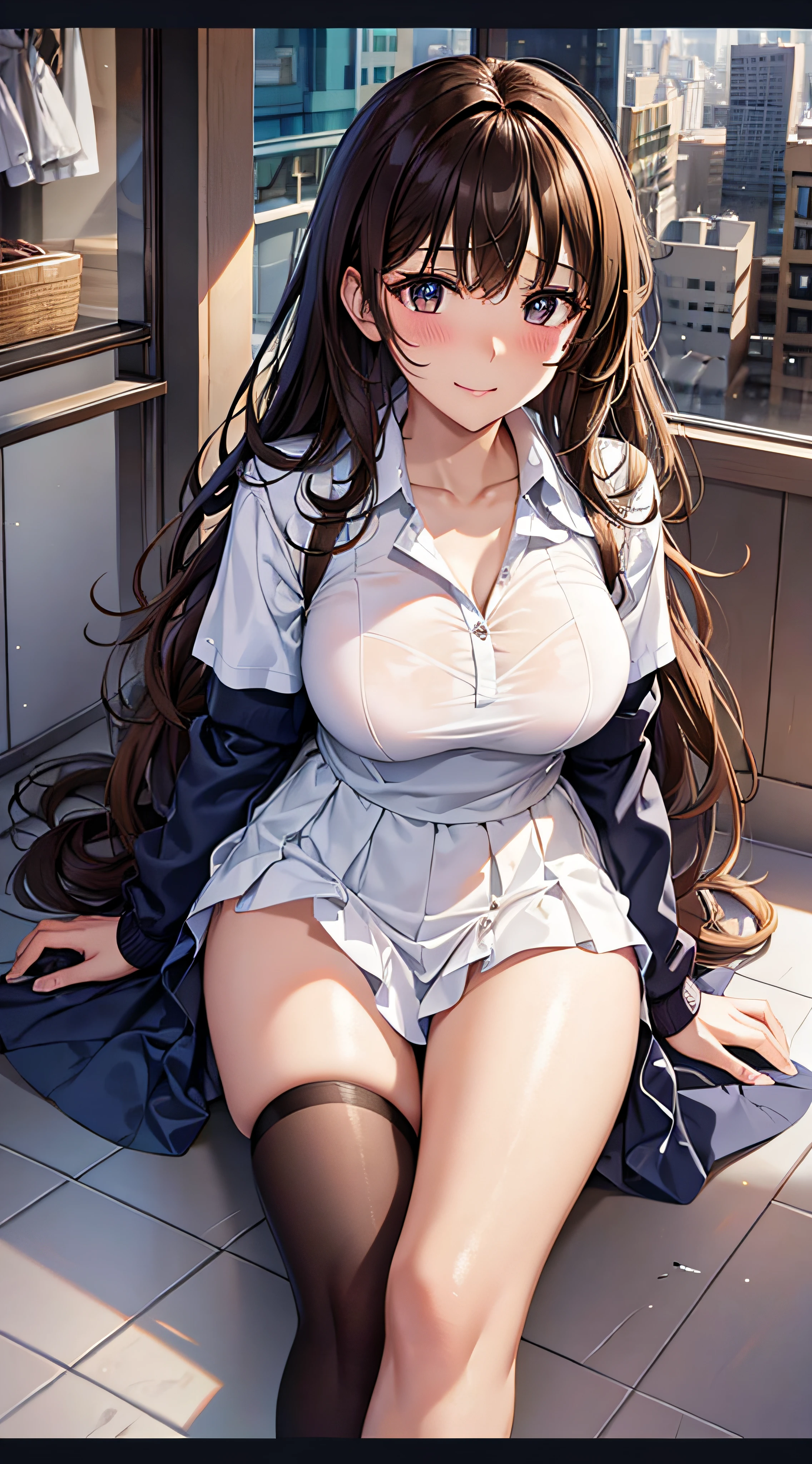 ((masutepiece, Best Quality, hight resolution, nffsw, Perfect Pixel, 4K, nffsw, nffsw))), 1girl in, Single, Solo, Beautie、full body seen、 ((Middle Wave Hair, Bangs, Brown hair)), ((Brown-eyed, Beautiful eyelashes, Realistic eyes)), ((Detailed face, Blushing:1.2)), ((Smooth texture:0.75, Realistic texture:0.65, Photorealistic:1.1, Anime CG style)), medium breasts, Dynamic Angle, Perfect body, White tennis wear, Shirts with short sleeve collar、pleatedskirt,breasts looking、(no-bra、See-through nipples)、、, tennis coat、during daytime、all-fours、Looks Back、Transverse breasts、Very embarrassing panic smile、、