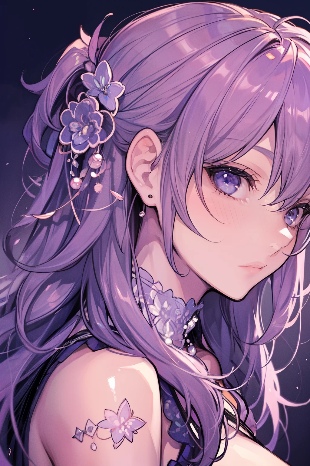 Anime girl with purple hair and purple flowers in her hair - SeaArt AI