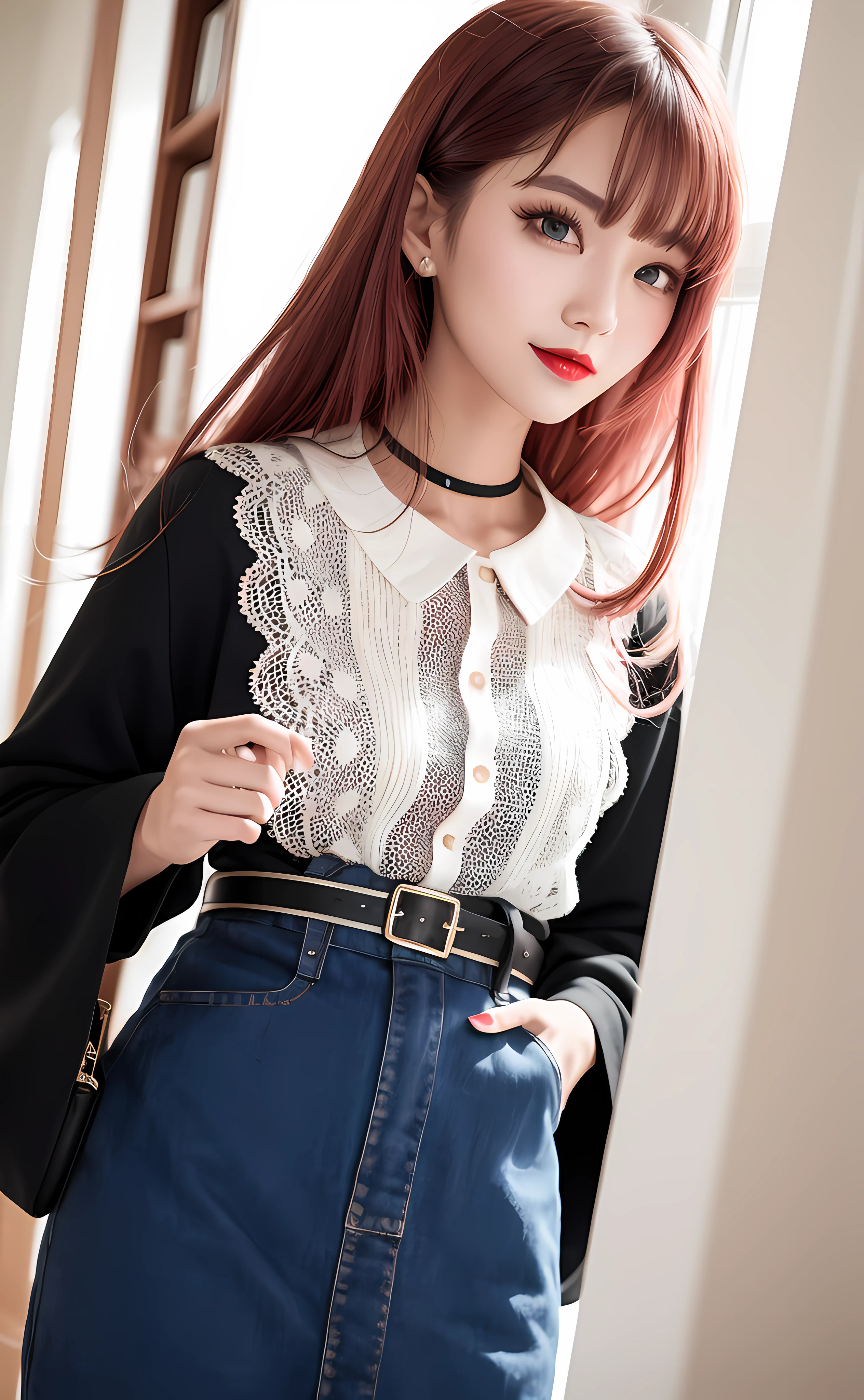Best quality,超高分辨率,(真实感:1.4),(beuaty girl:1.4),(middling:0.8),lookingat_Show on the_peeping at the viewer,Detailed facial details Beautiful detailed eyes,with pink hair,blue colored eyes,Slim,haunting smile,(cosmetics:0.3),Redlip,The clothes are very meticulous,(ulzzang-6500-v1.1:0.3)