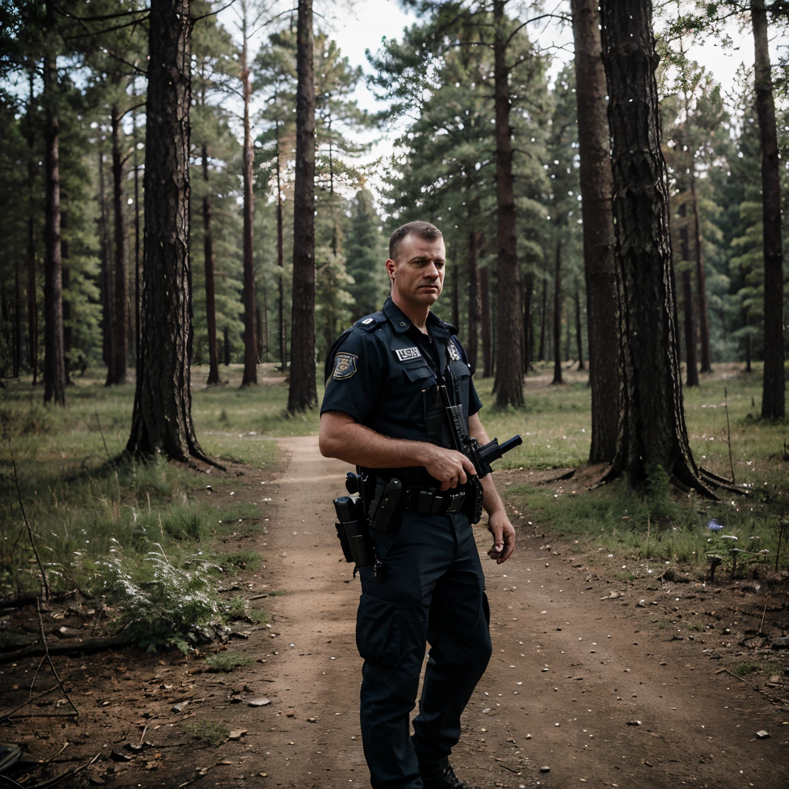 angry looking white police man in woods staring from a far