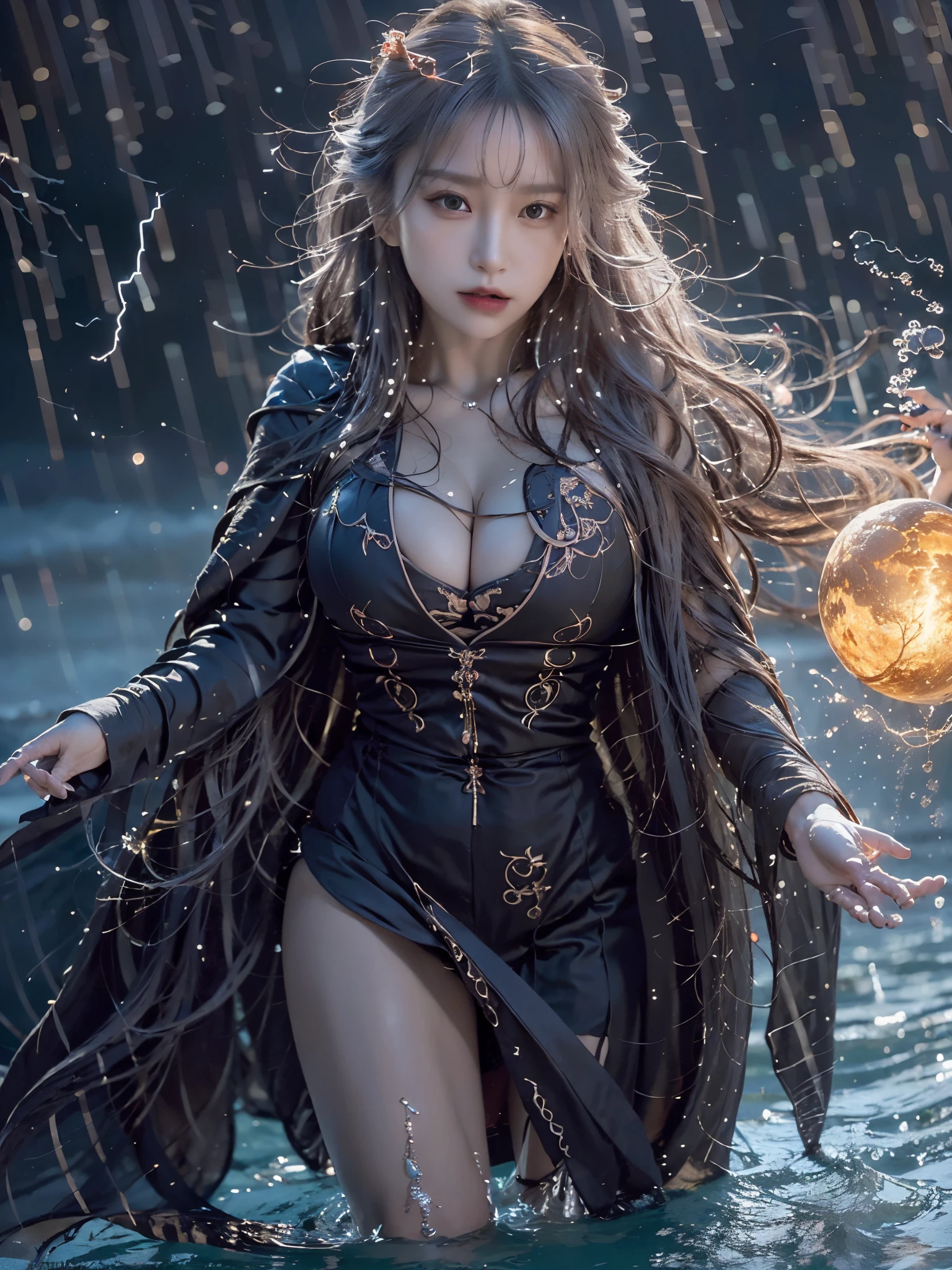 (skindentation:1.5), Realistic, Photorealistic, (masterpiece:1.5), concept art, intricate details, highly detailed, photorealistic, octane render, 8k, unreal engine, dynamic pose, best quality, highres, (realistic face:1.1), (hyperrealistic:1.1), ((full_body)), perfect eyes,(shiny skin:1.2), (((hairstyle))), (((perfect handtremely detailed background), haunted island, ((dynamic background)), ((lightning)), (light rays), (1girl), wearing cloak, (((flowing cloak))), ((detailed eyes, high quality eyes, high quality face)), long hair, (((flowing hairstyle))), 1girl ((controlling the water)), (((whirlwind of water))), ocean, tsunami, magic, (dramatpic, depth of field, bokeh, 4k, gothic, ((raining)), energyball between hands, (gigantic breasts:1.5), gigantic cleavage breasts,