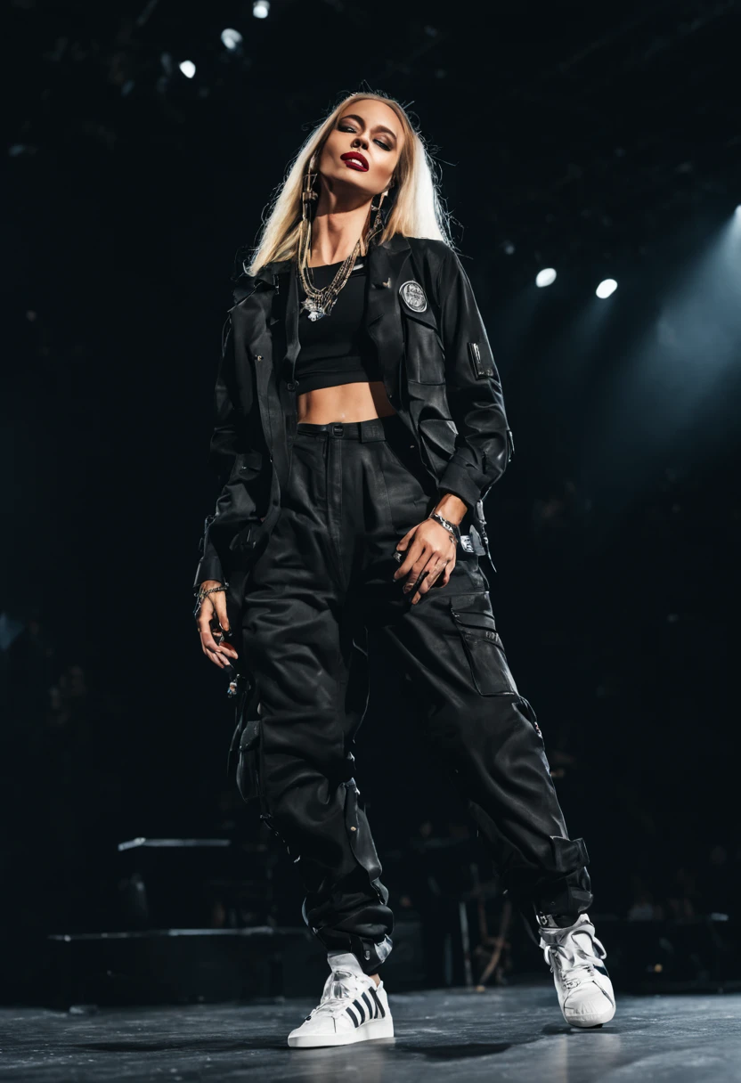 Uma roupa de palco, para evento em ambiente fechado, mom pants mixing their style with the pockets of cargo pants, Skateboarder tennis, preto, da adidas bem estiloso, all black mixing various leather textures, camiseta branca social com bolsos, a badge hanging around the neck with the name VOCALISTA and a black blazer, classic, mas do tamanho correto da modelo, misturando os estilos homogeneamente, the girl is on the stage singing trapp event but full of celebrities, lady gaga, beyonce, artistas brasileiros, bem chique, plateia cheia e curtindo muito o show, o palco amplo com banda e bailarinos, dancers' clothes in black