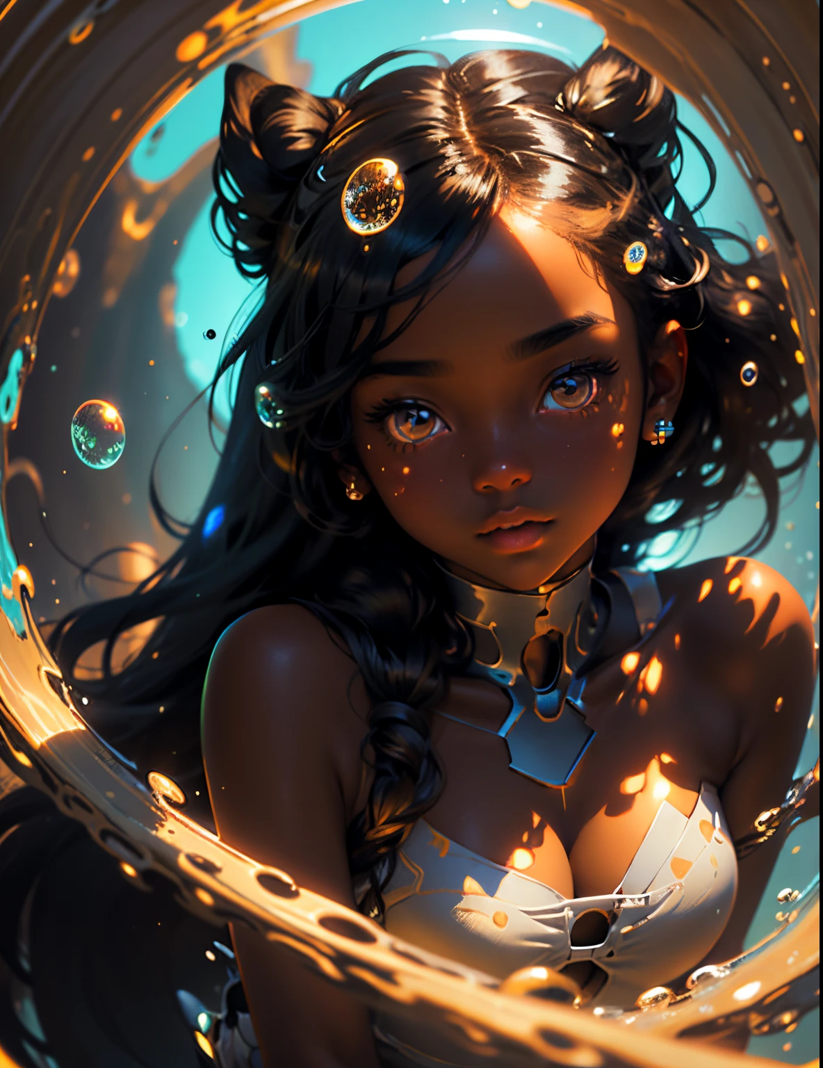 depth of field, masterpiece, best quality, 1 black girl with dark skin, black hair, brown eyes,  long hair,  solo, looking at viewer, dappled sunlight, girl with Bubbles ,glowing color, bright colors, luminescence, Vector Illustration Style, Crazy details,Ultra HD picture quality