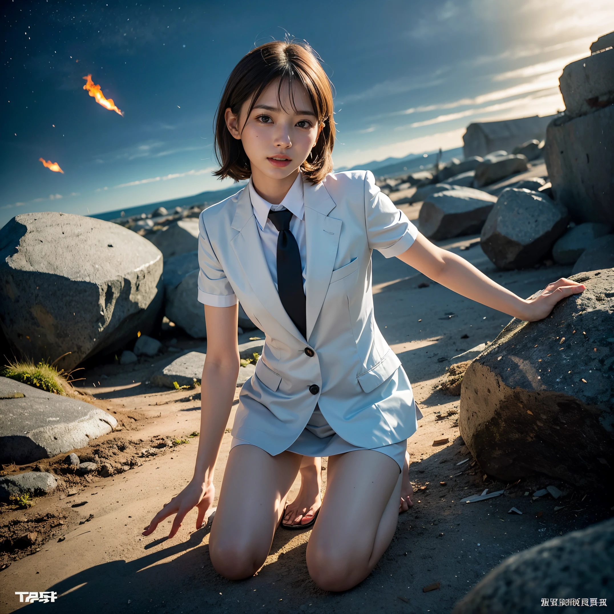 (masutepiece, Best Quality:1.2), 8K, Official art, Wearing a suit、Gesture of removing tie、You can see the chest、Five Fingers Photos'Body of, full body Esbian、Suit Beauty、Big Dipper in the background、star explosion、Beautiful barefoot woman with dark hair, hold a flame in your right hand、tie a tie with your right hand、Turn your face up、looking-down、cool expression、Bright lava light rises above the broken Earth from beneath the asteroid belt(Jagged rock rocks and fragments shot into the air:1.3) (Storm of windy dust debris:1.1) Volume fogmist by trace Z、It can allow bright light from below to pass through、 (masterpiece) (top-quality) (detaileds) (8K) (电影灯光) (foco nítido) (Convoluted)A dark-haired、14years、small tits、A delightful、A smile、unbelievable Ridiculous, (a beauty girl, Pretty Face, arching back down, Gold hair ornament on hair、wearing a suits、close up, Wearing a suit, Short sleeve, gardenia, violaceaess, spaces , Looking at Viewer, Film grain, chromatic abberation, Sharp Focus, face lights, Dynamic lighting, Cinematic lighting, Eyes and faces with detailed, (Gray tie、1 copy:1.2)