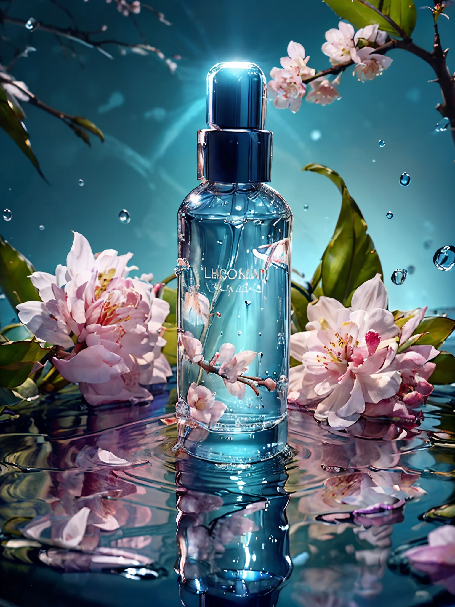 best quality, 4k, 8k, high resolution, masterpiece, ultra-detailed, photorealistic, blender, makeup bottle, cherry blossom wrapped around, blue sky background, water, sunlight, low perspective,  product rendering