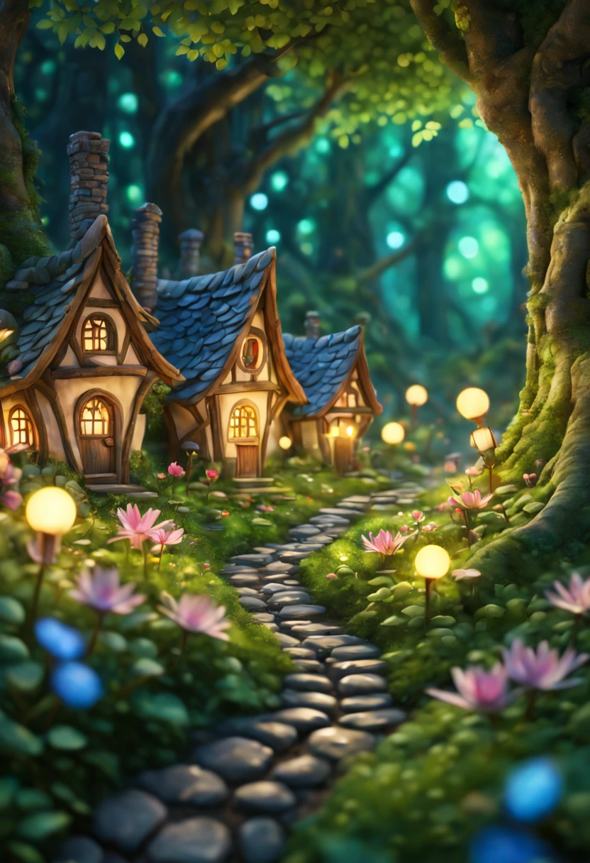 In a secluded glade nestled within an ancient forest, a charming fairy village comes to life, luminescent dwellings adorned with petals and leaves dot the landscape, while tiny pathways wind through the verdant surroundings, sparkle, glowing light, super detail, highres, best quality, 16k, (Surreal,A high resolution,4K,tmasterpiece:1.2),(vivd colour,bokeh,Artistic lighting)