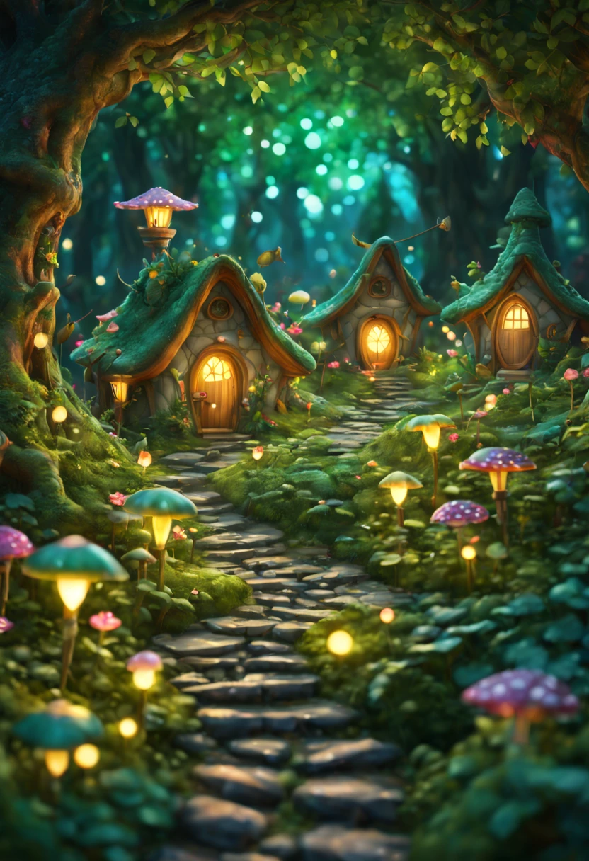 In a secluded glade nestled within an ancient forest, a charming fairy village comes to life, luminescent dwellings adorned with petals and leaves dot the landscape, while tiny pathways wind through the verdant surroundings, sparkle, glowing light, super detail, highres, best quality, 16k, (Surreal,A high resolution,4K,tmasterpiece:1.2),(vivd colour,bokeh,Artistic lighting)