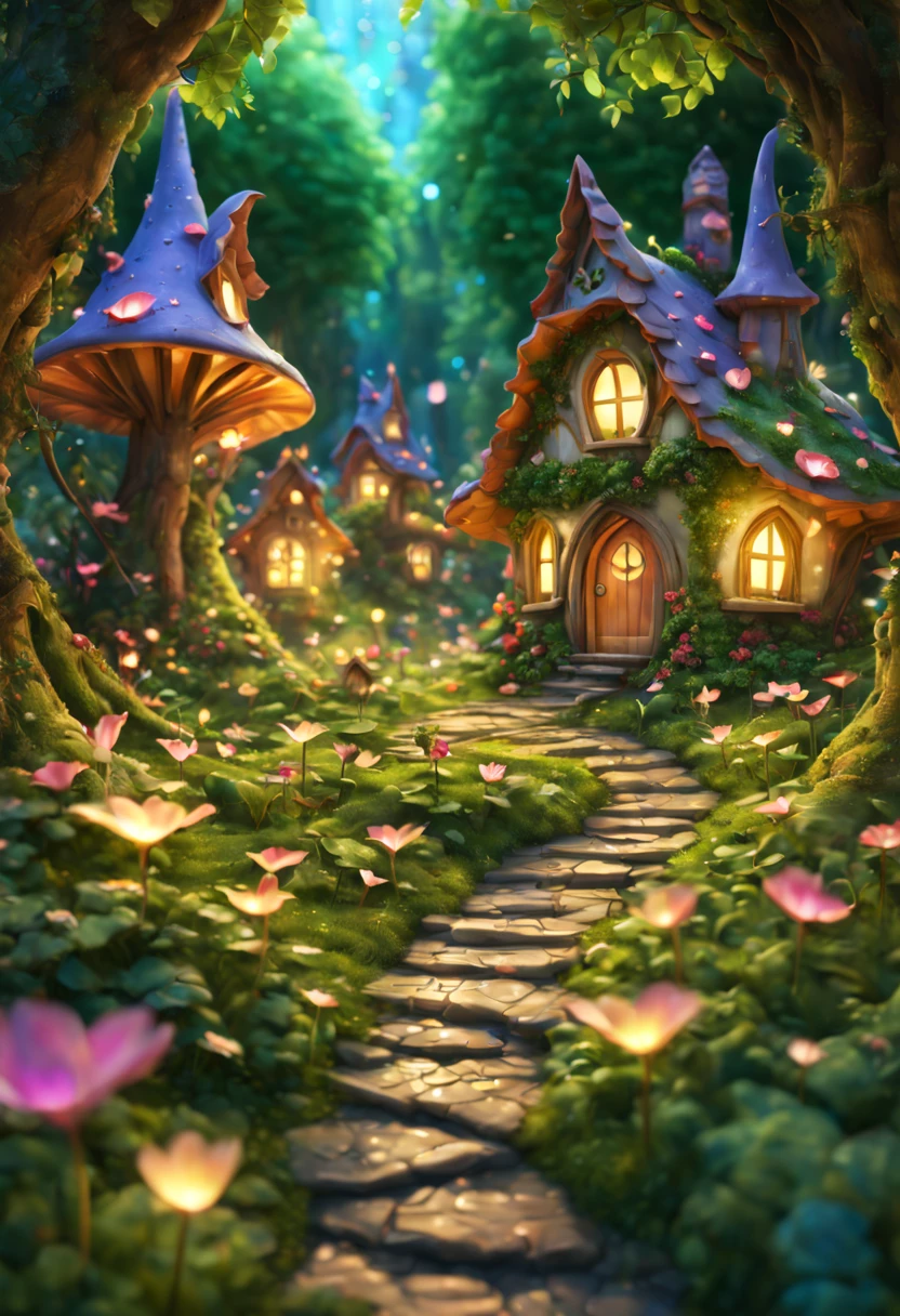 In a secluded glade nestled within an ancient forest, a charming fairy village comes to life, luminescent dwellings adorned with petals and leaves dot the landscape, while tiny pathways wind through the verdant surroundings, sparkle, glowing light, super detail, highres, best quality, 16k, (Surreal,A high resolution,4K,tmasterpiece:1.2),(vivd colour,bokeh,Artistic lighting)