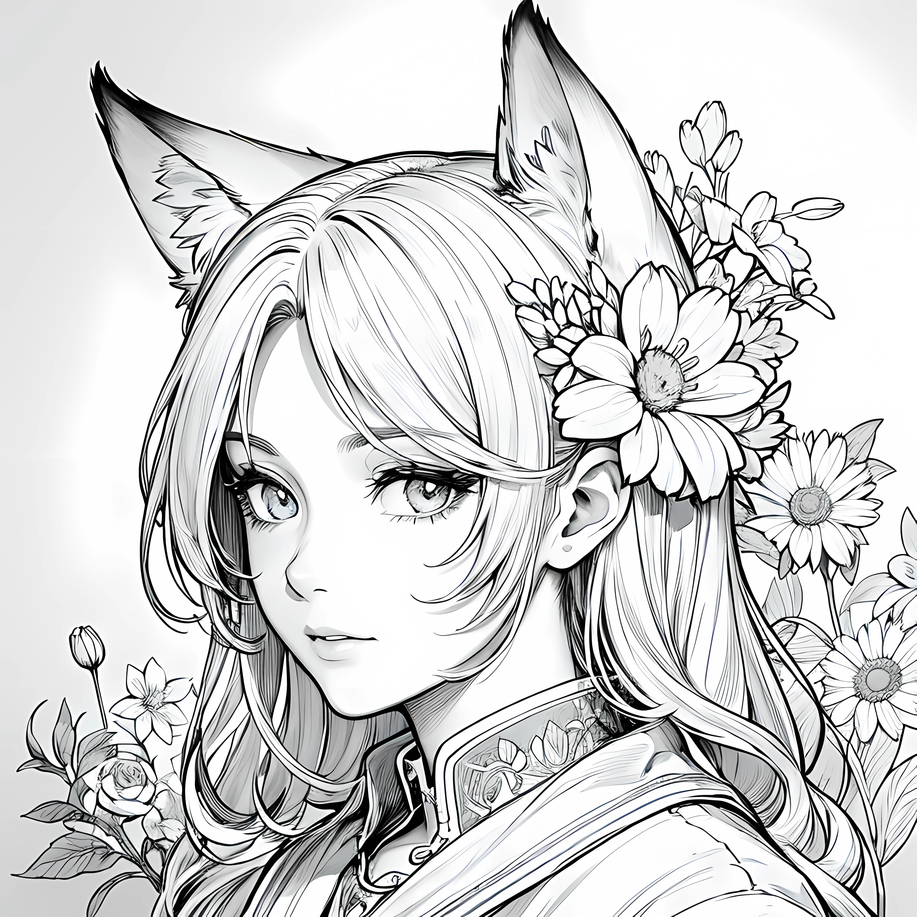 masterpiece, superlative, fox ears, male , solo, bust closeup, flower line drawing background, white background, monochrome, line drawing, ((sketch))