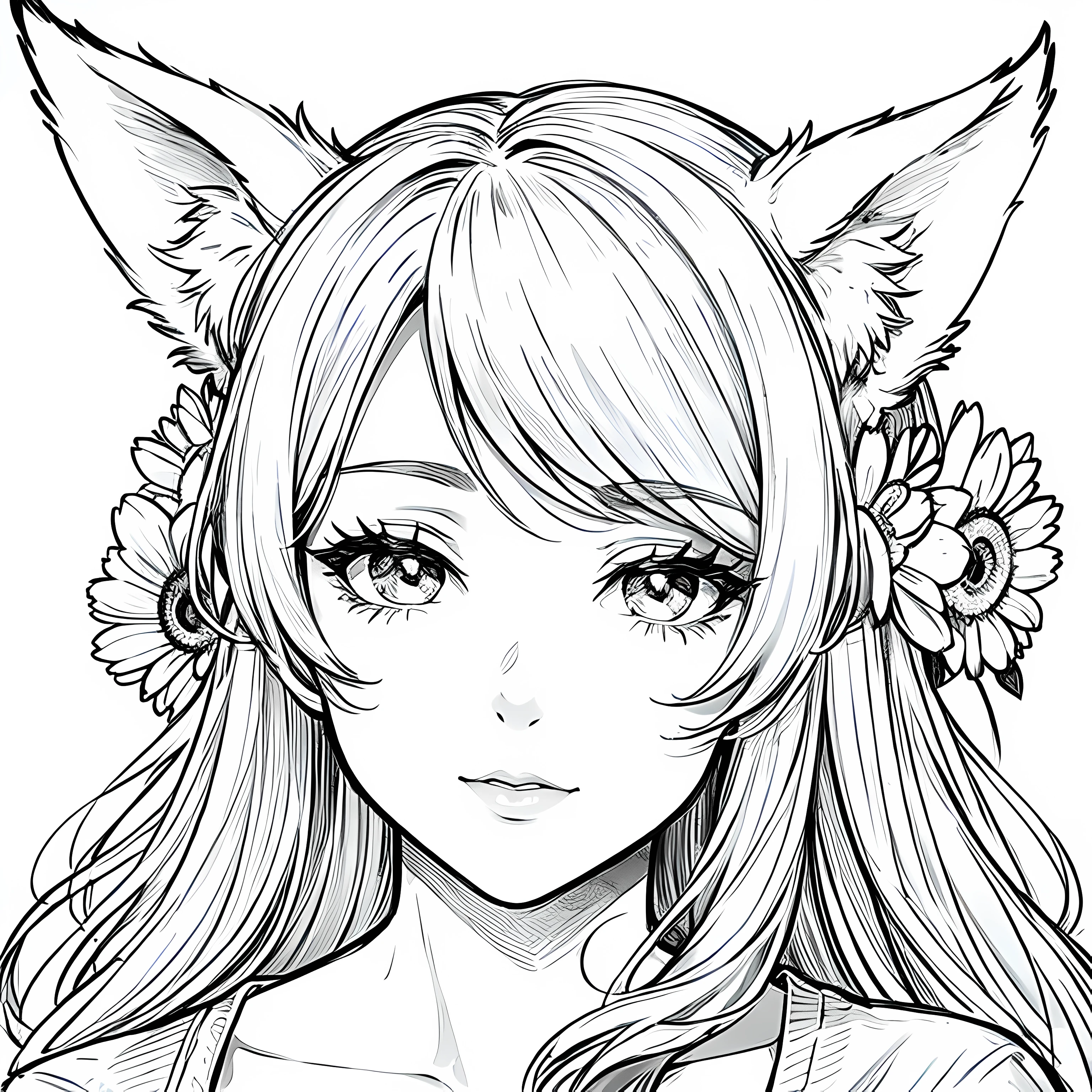 masterpiece, superlative, fox ears, male , solo, bust closeup, flower line drawing background, white background, monochrome, line drawing, ((sketch))