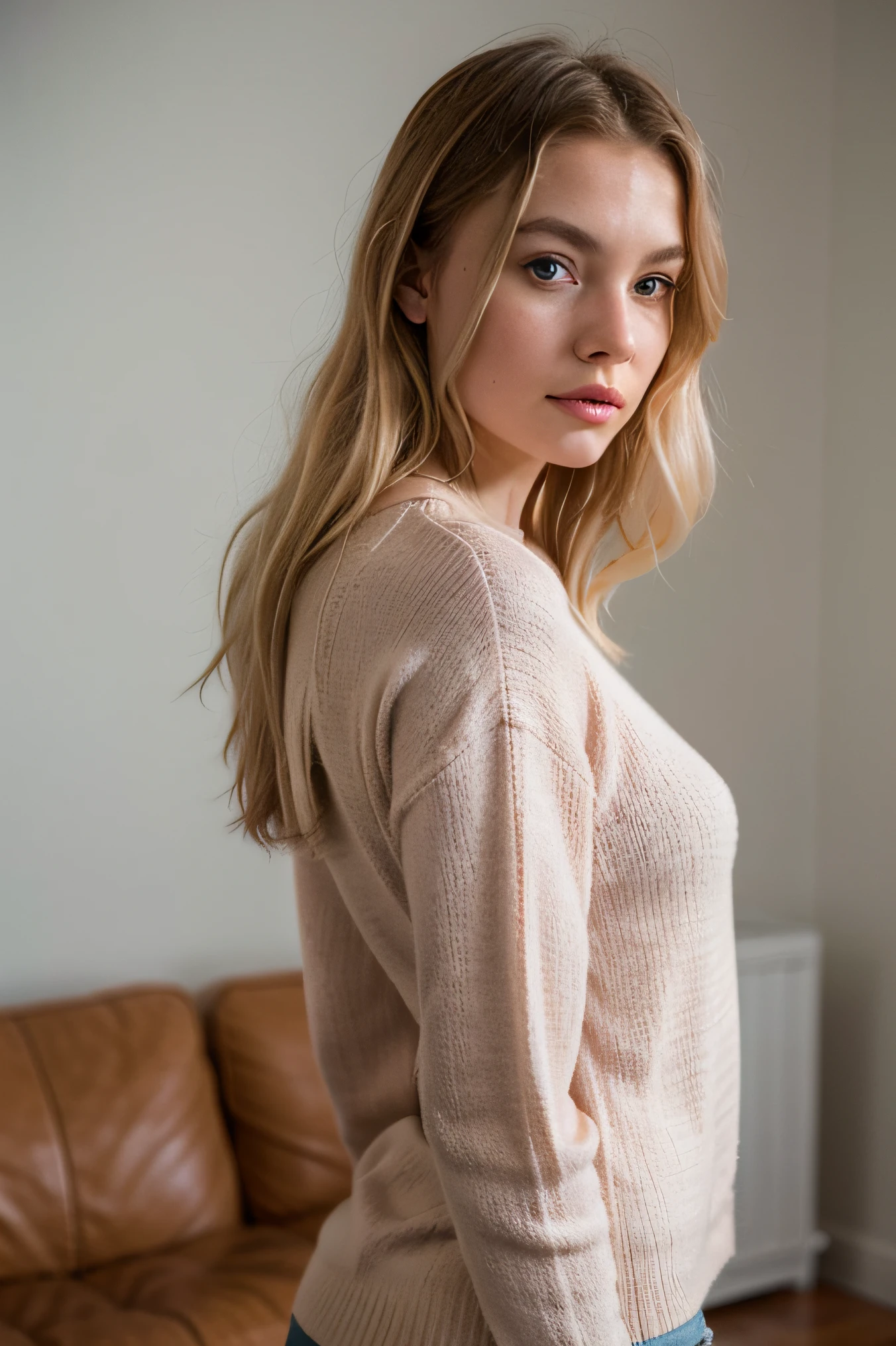 Extremely realistic blonde Russian girl with blonde hair and blue eyes, wearing a pink wool jumper, entire body, picture from behind looking back