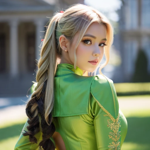 young woman with her hair tied back、Fantasy white costume、Green eyes