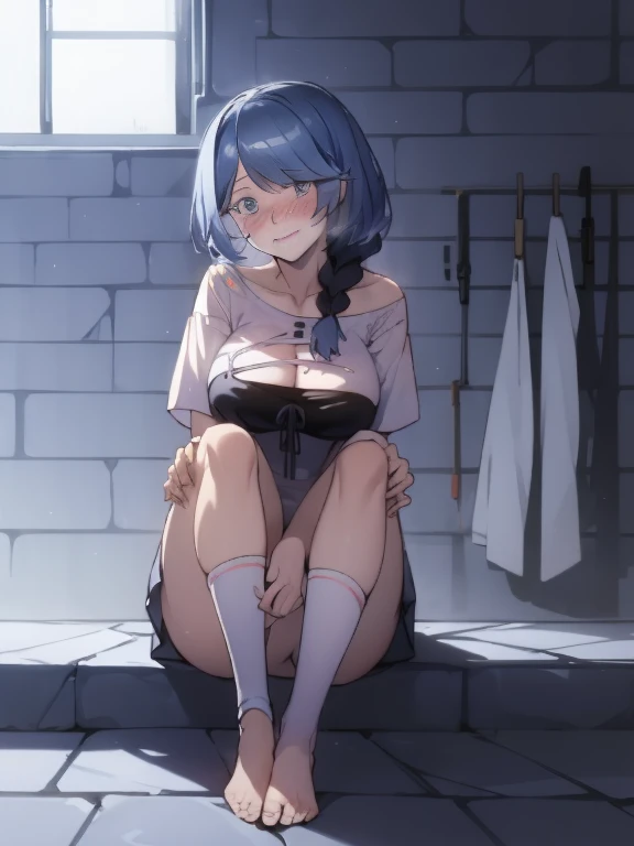 Stema Peace、 (nose blush, Naughty, half opened eye, ), [Full body shot]、Full body shot,body piercings,Large open legs、Head-to-toe shots、hanekawa tsubasa、her black hair is tied into two braids、eye glass、Colossal tits、Wearing white socks、