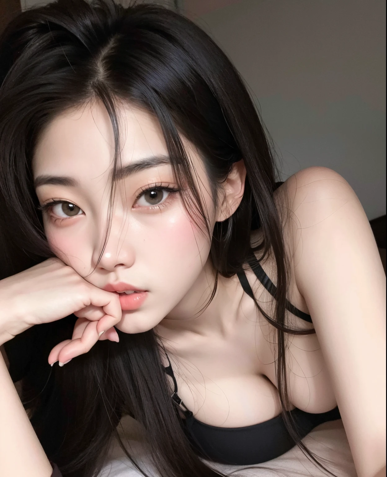 Araffe asian woman in a black bra top lying on a bed, Menina coreana, Mulher sul-coreana bonita, Menina coreana jovem bonita, Menina coreana jovem bonita, Ulzzang, Mulher coreana, Beautiful Asian girl, good young girl, Adorable young Korean face, Asian girl, Menina bonito-magro-cara, Heonhwa Choe, Jinyoung Canela