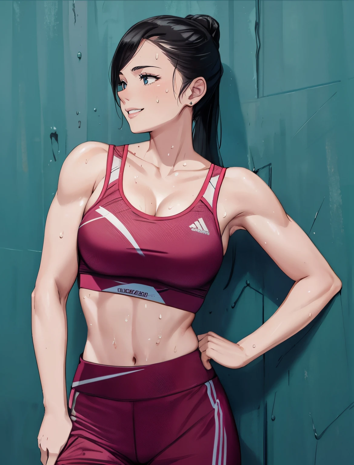(tmasterpiece:1.2, Best quality), actual, (Real pictures, Complicated details, depth of fields), tmasterpiece, Best quality, A woman wearing a sports top posing for a photo, Detailed sports bra, Sports and tight shorts, Athletic physique, fit dainty figure, tight push up bra, White skin of the, , Crazy expansion, Larger than shoulder blade, Hourglass figure, Pelvis larger than shoulder blades, Fitness model, Ruddy cheeks, breath through, sweaty, drenched all over the body, A smile