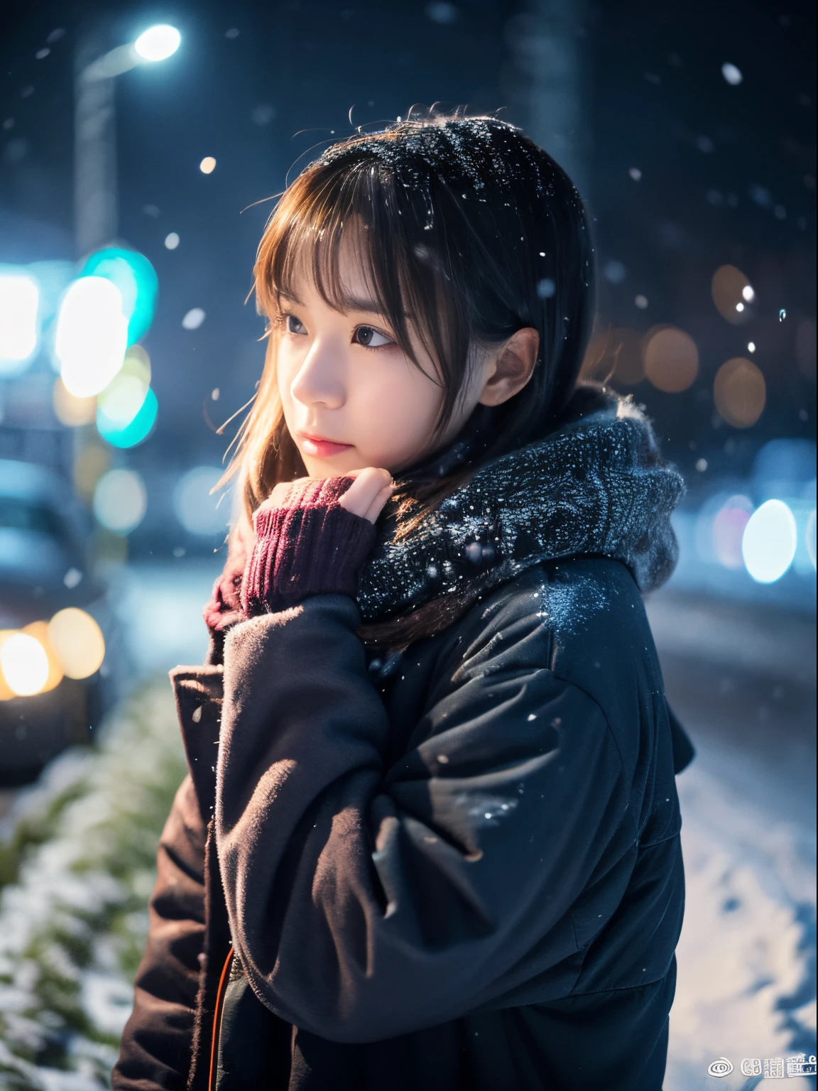 While watching the snow falling quietly. Her introspective and tearful expression、Makes you feel longing and melancholy for winter nights。。。。、top-quality、hyper HD、奈良美智, Japanese Models, Beautiful Japan wife, With short hair, 27-year-old female model, 4 k ], 4K], 27yo, sakimichan, sakimichan
