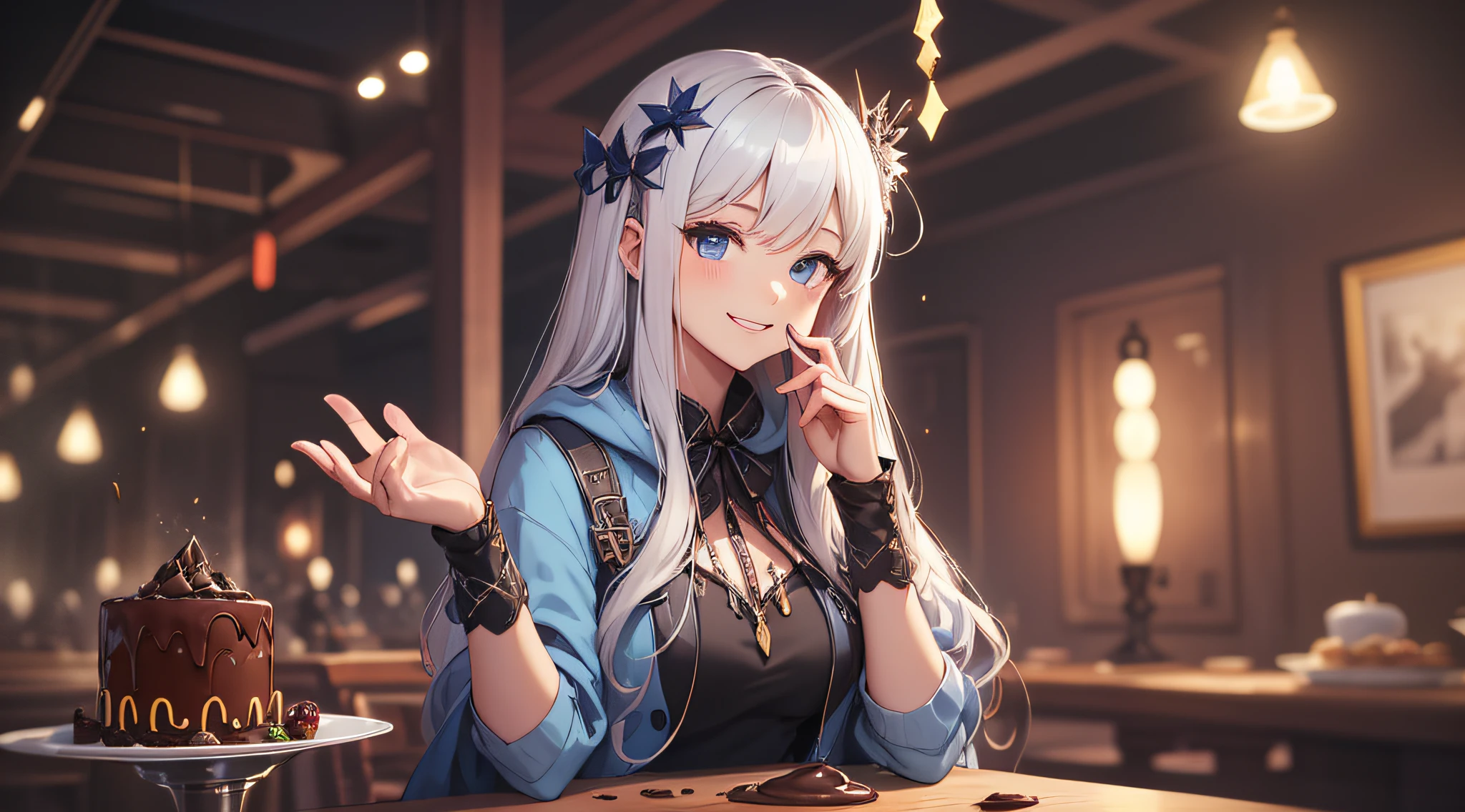 top-quality、Top image quality、masterpiece、s girl((Black underwear、Black hoodie with open chest、Black skirt、18year old、 Ager、Best Bust、big bast,Beautiful light blue eyes, Long Blonde Hair、A slender,Large valleys、Reflecting the whole body、Heart symbol with both hands、Joy Pose、Laugh、The best smile)),hiquality、Beautiful Art、Background with((party decoration night,a room、Parti、The table、wining、chocolate cake))masterpiece、depth of fields,