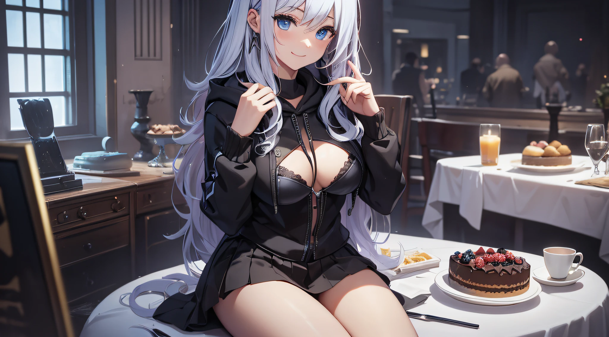 top-quality、Top image quality、​masterpiece、s girl((Black underwear、Black hoodie with open chest、Black skirt、18year old、 Ager、Best Bust、big bast,Beautiful light blue eyes, Long Blonde Hair、A slender,Large valleys、Reflecting the whole body、Heart symbol with both hands、Joy Pose、Laugh、The best smile)),hiquality、Beautiful Art、Background with((party decoration night,a room、Parti、The table、wining、chocolate cake))​masterpiece、depth of fields,