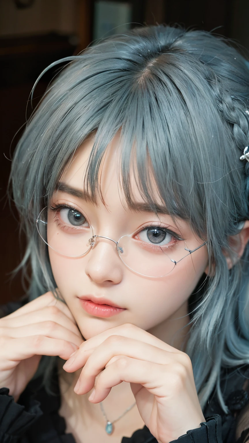 lora realistic Blue hair has glasses on his head