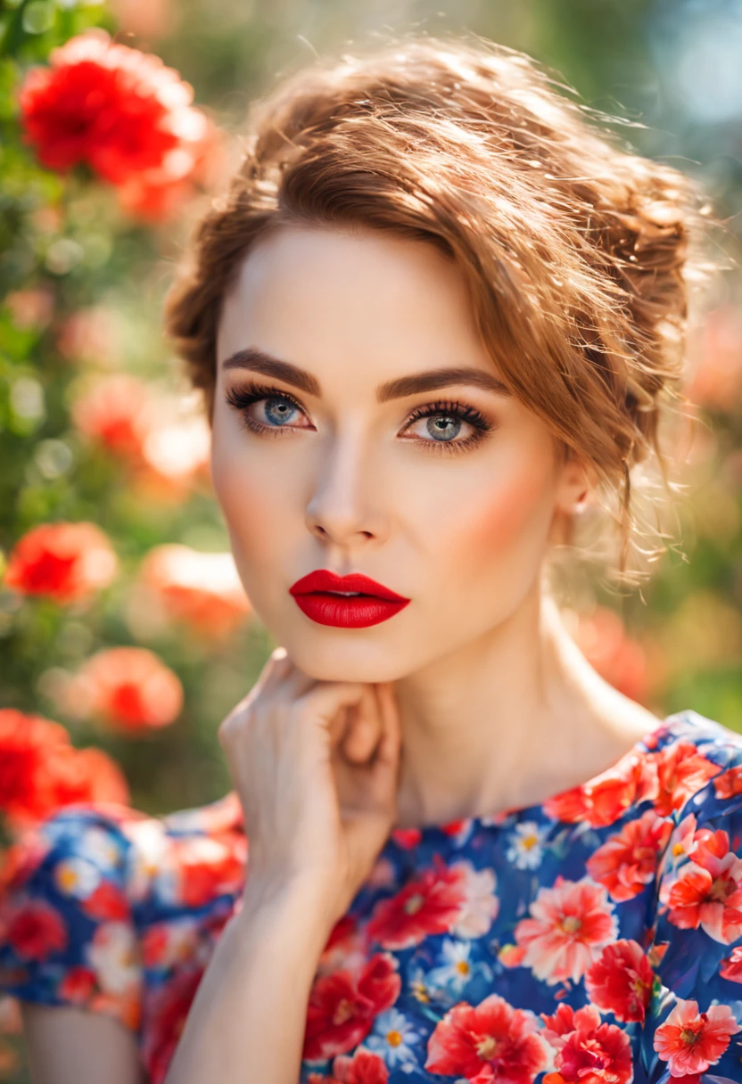 red lipstick, detailed eyes, floral print dress, spring garden backdrop, natural lighting, high resolution, painting-like style, vibrant colors, realistic texture, bokeh