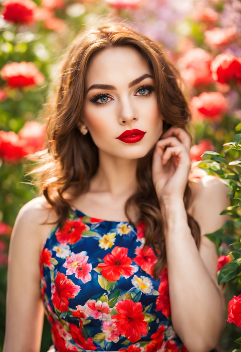 red lipstick, detailed eyes, floral print dress, spring garden backdrop, natural lighting, high resolution, painting-like style, vibrant colors, realistic texture, bokeh